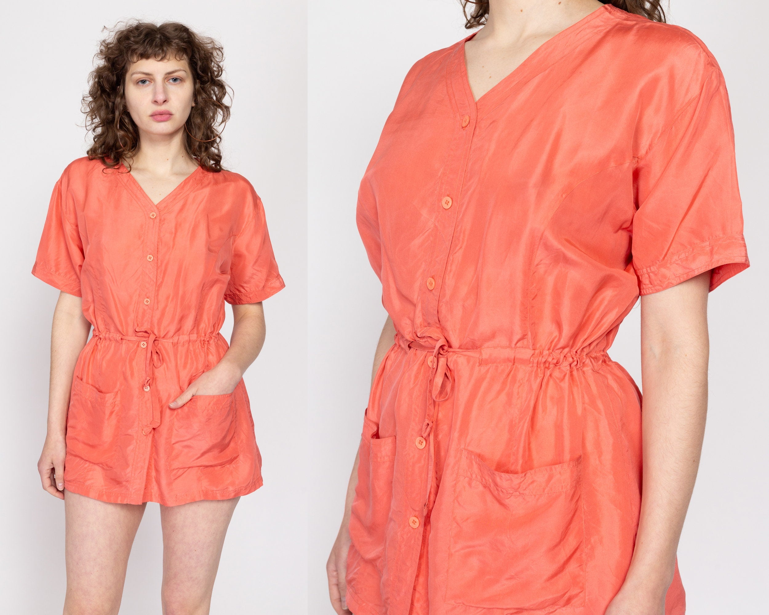 Small 80s Coral Pink Silk Micro Mini Shirtdress