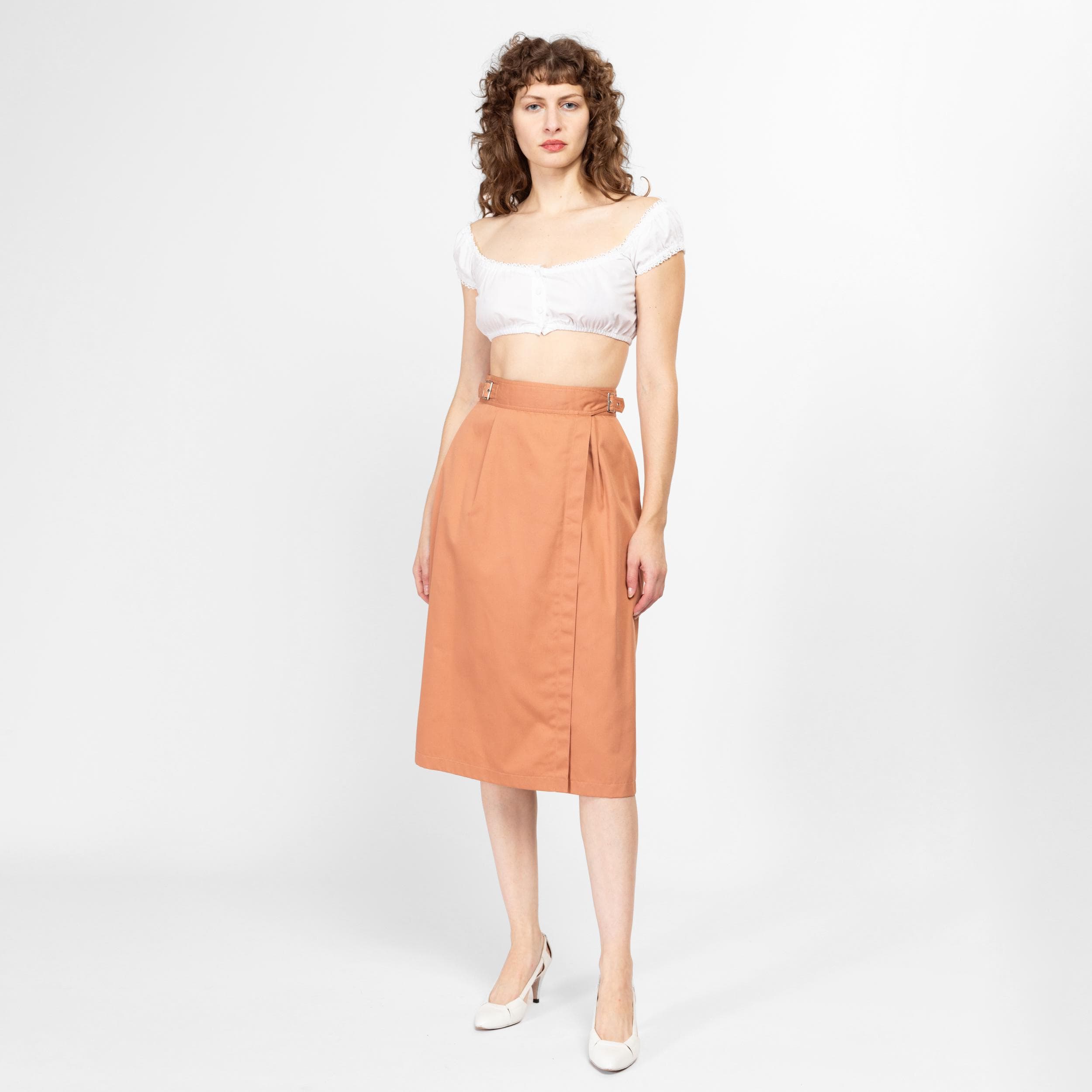 Small 80s Minimalist Apricot Midi Wrap Skirt Flying Apple Vintage