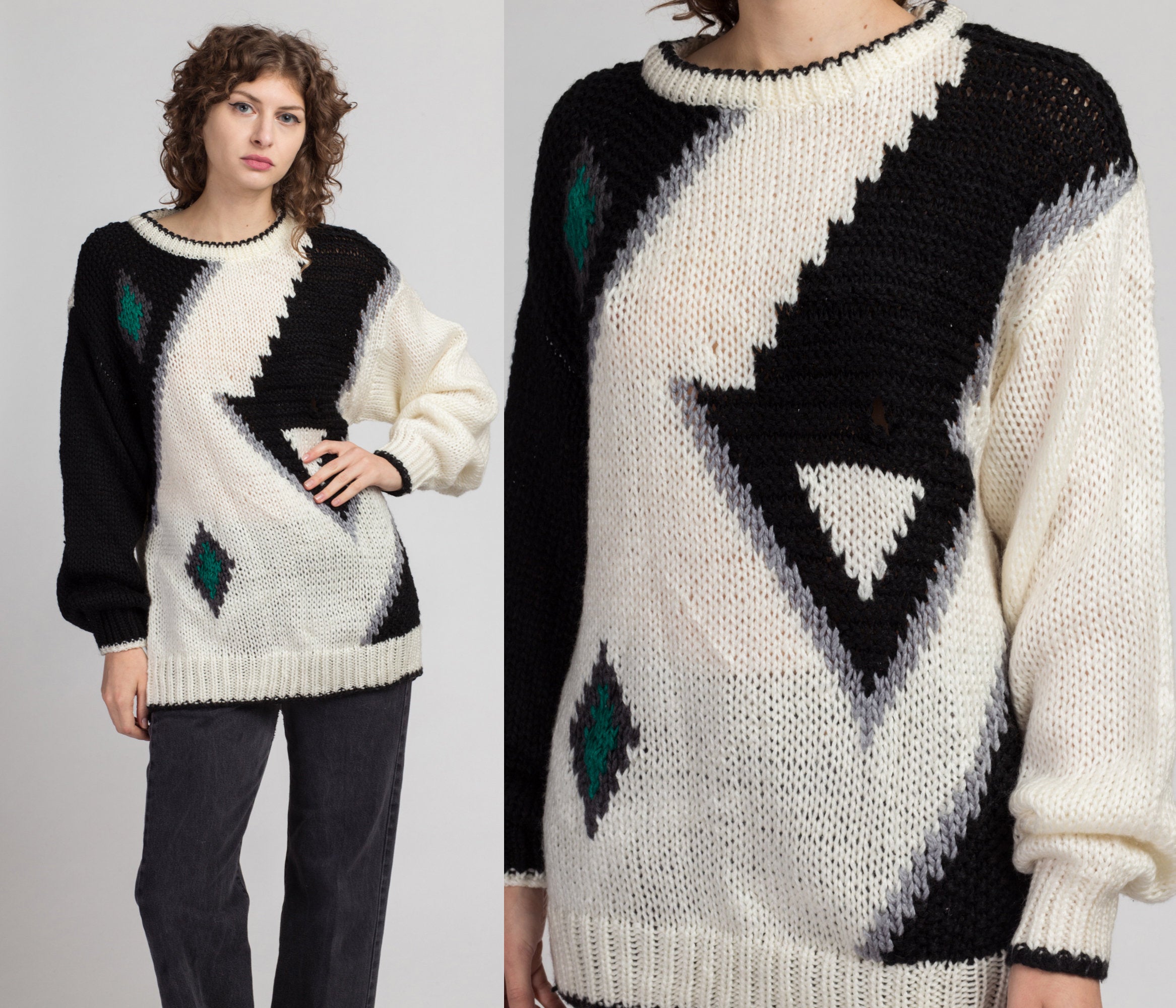 80s Slouchy Geometric Knit Sweater - Large