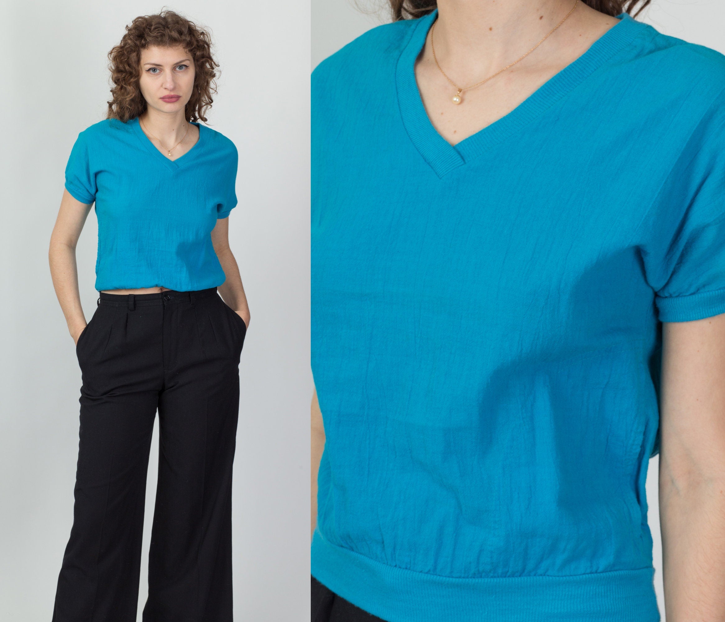 90s Plain Blue Cotton Crop Top - Medium