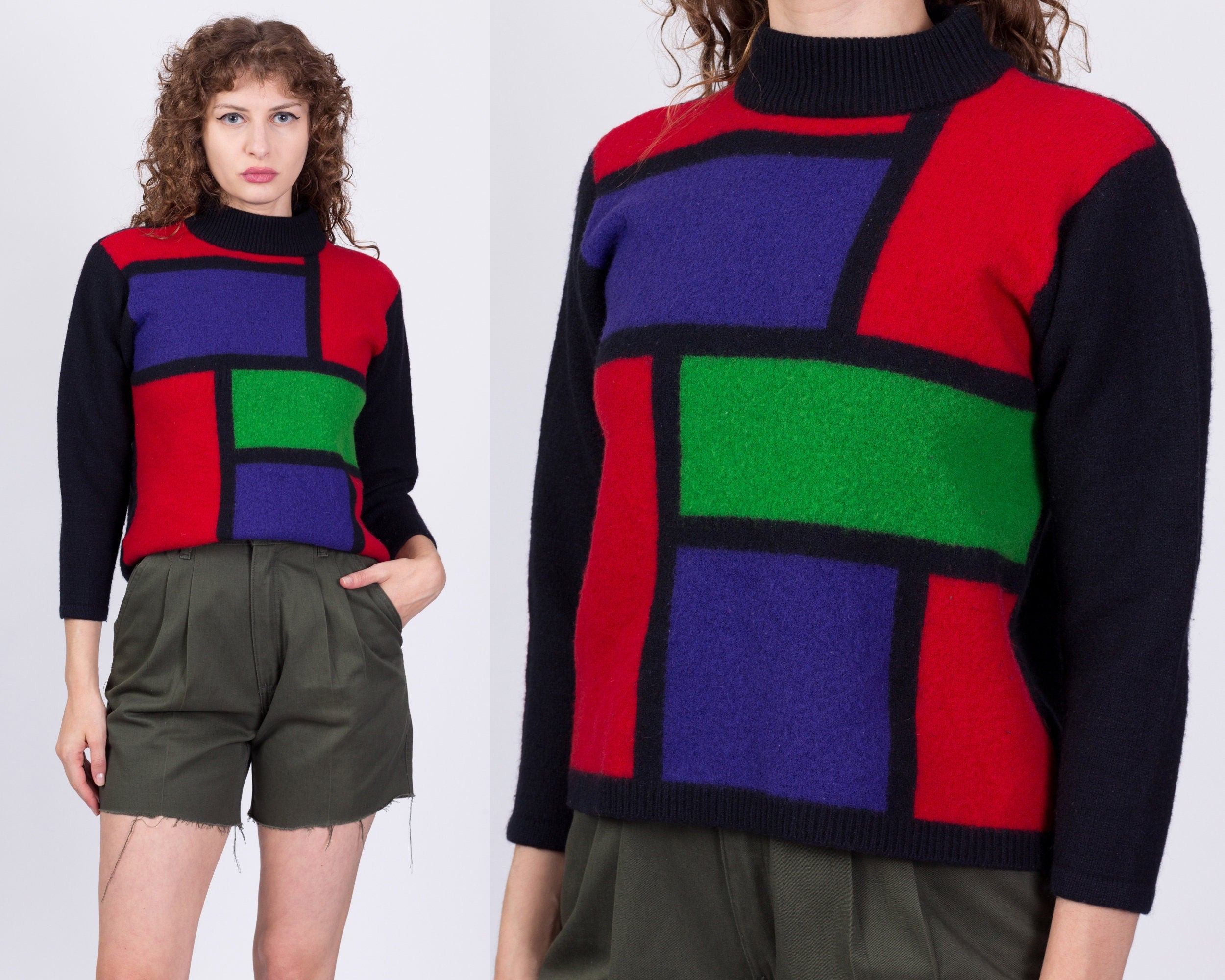 80s Mondrian Lambswool Knit Cropped Sweater - Petite Small