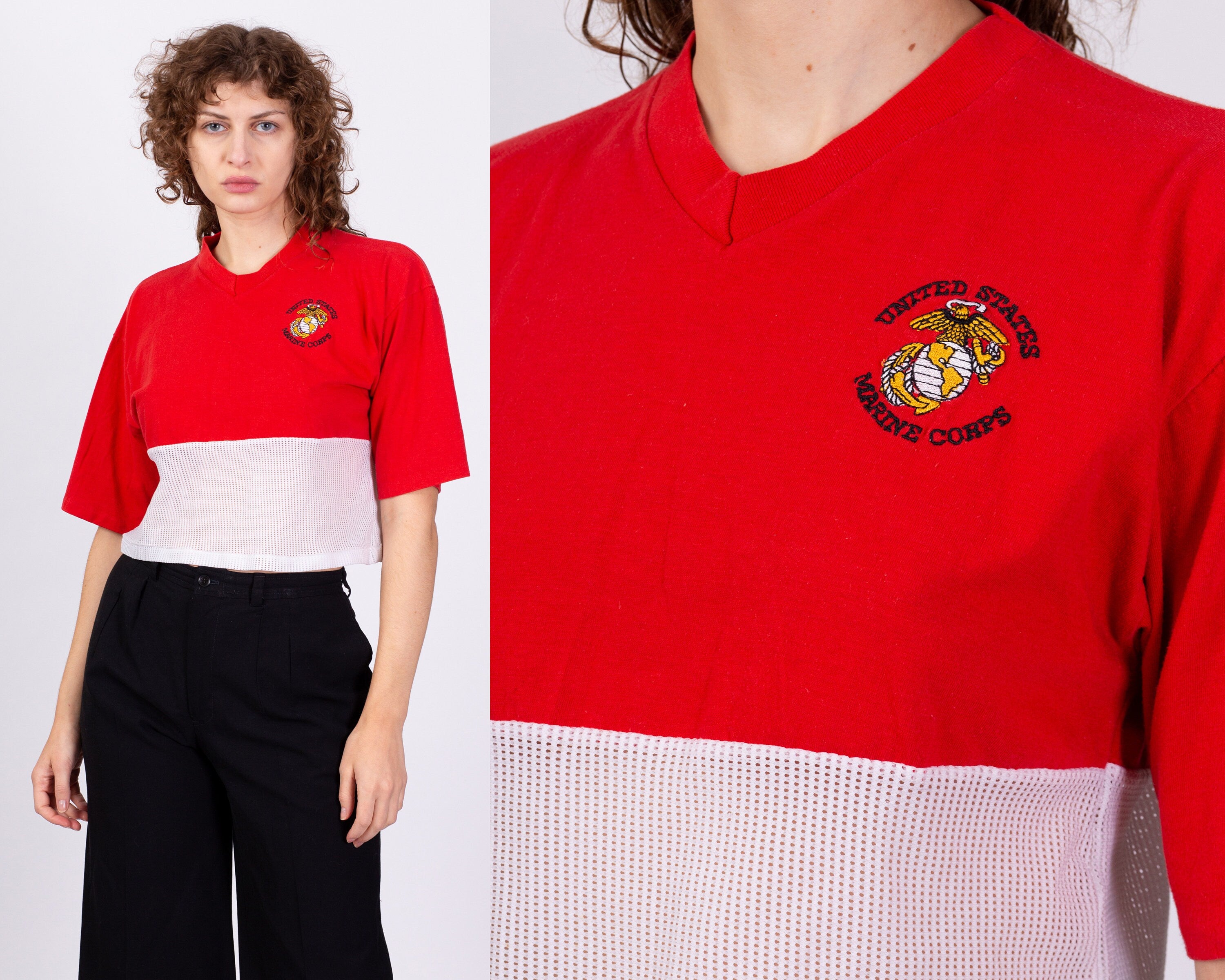 80s US Marine Corps Red Mesh Crop Top Tee - Extra Large