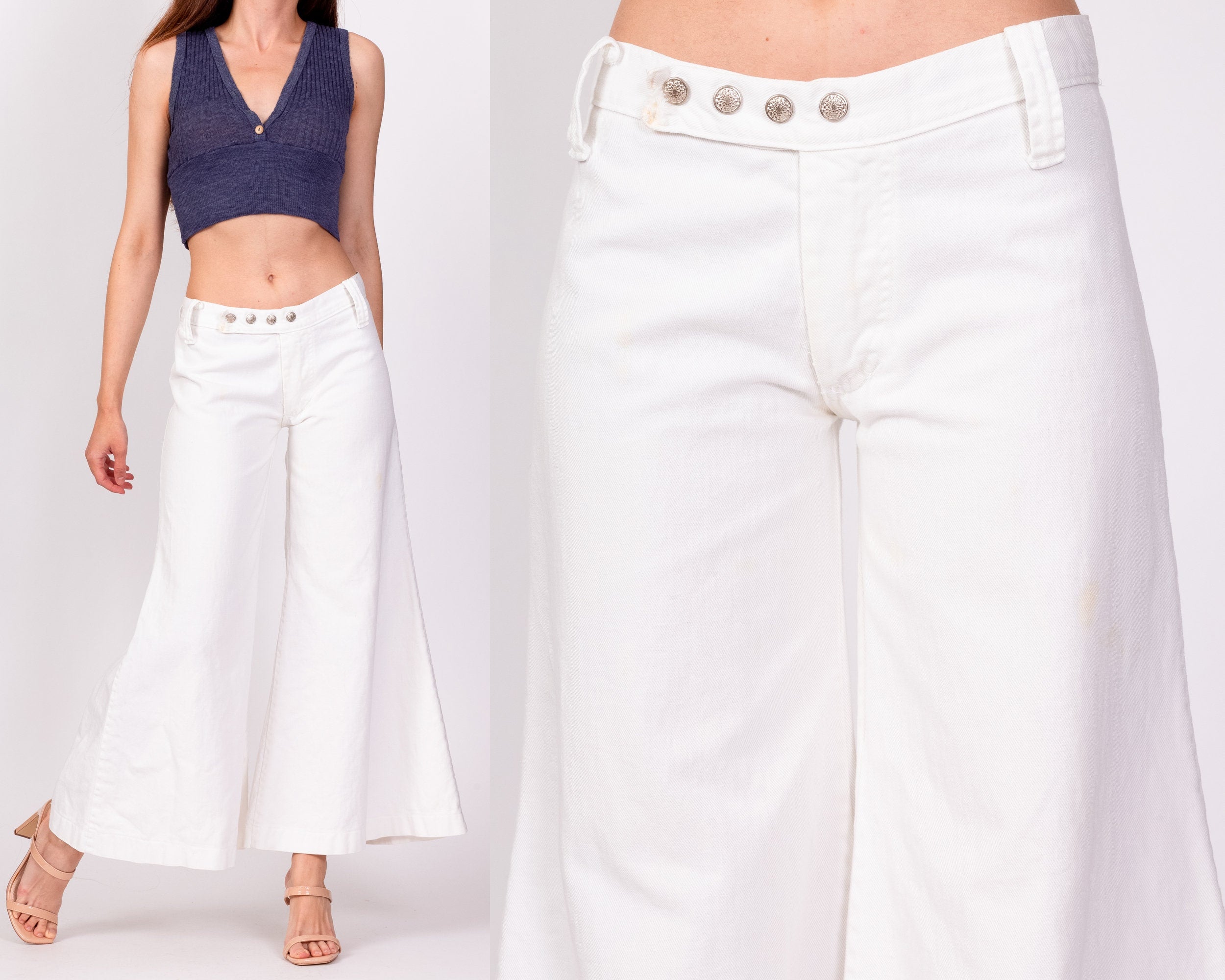 70s White Cotton Contrast Stitch Bell Bottoms - Men's Small, Women's M –  Flying Apple Vintage