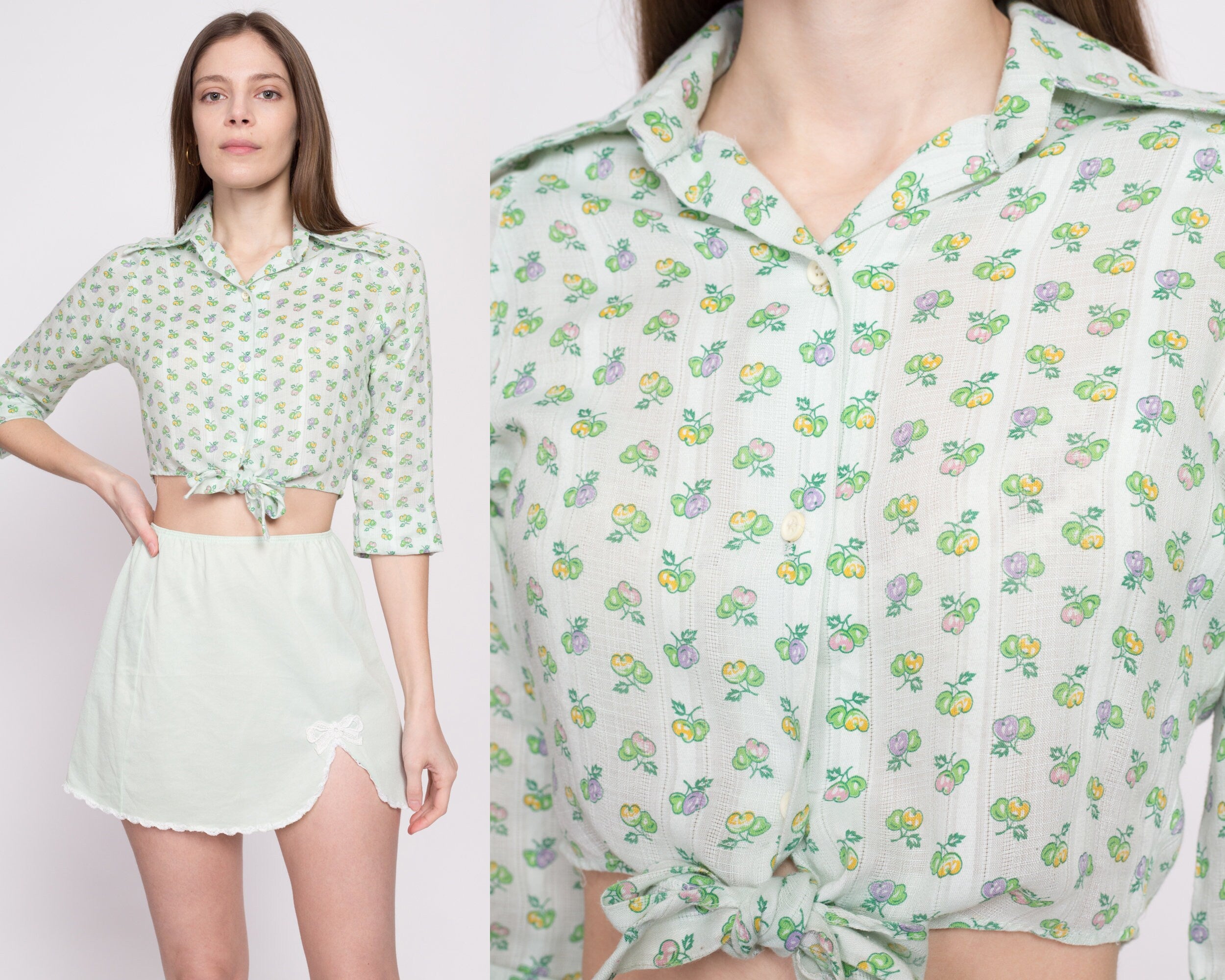 70s Cherry Print Mint Green Crop Top - Small