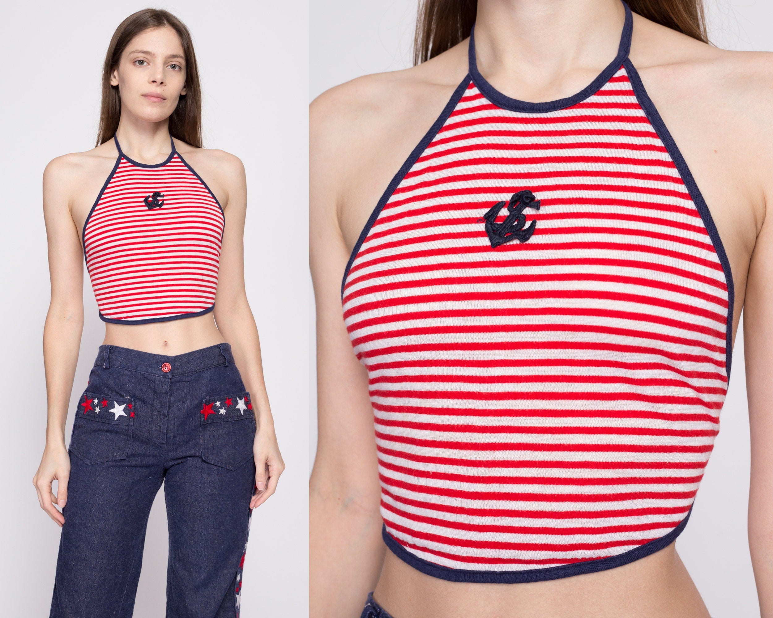 70s Nautical Striped Backless Halter Crop Top - Small