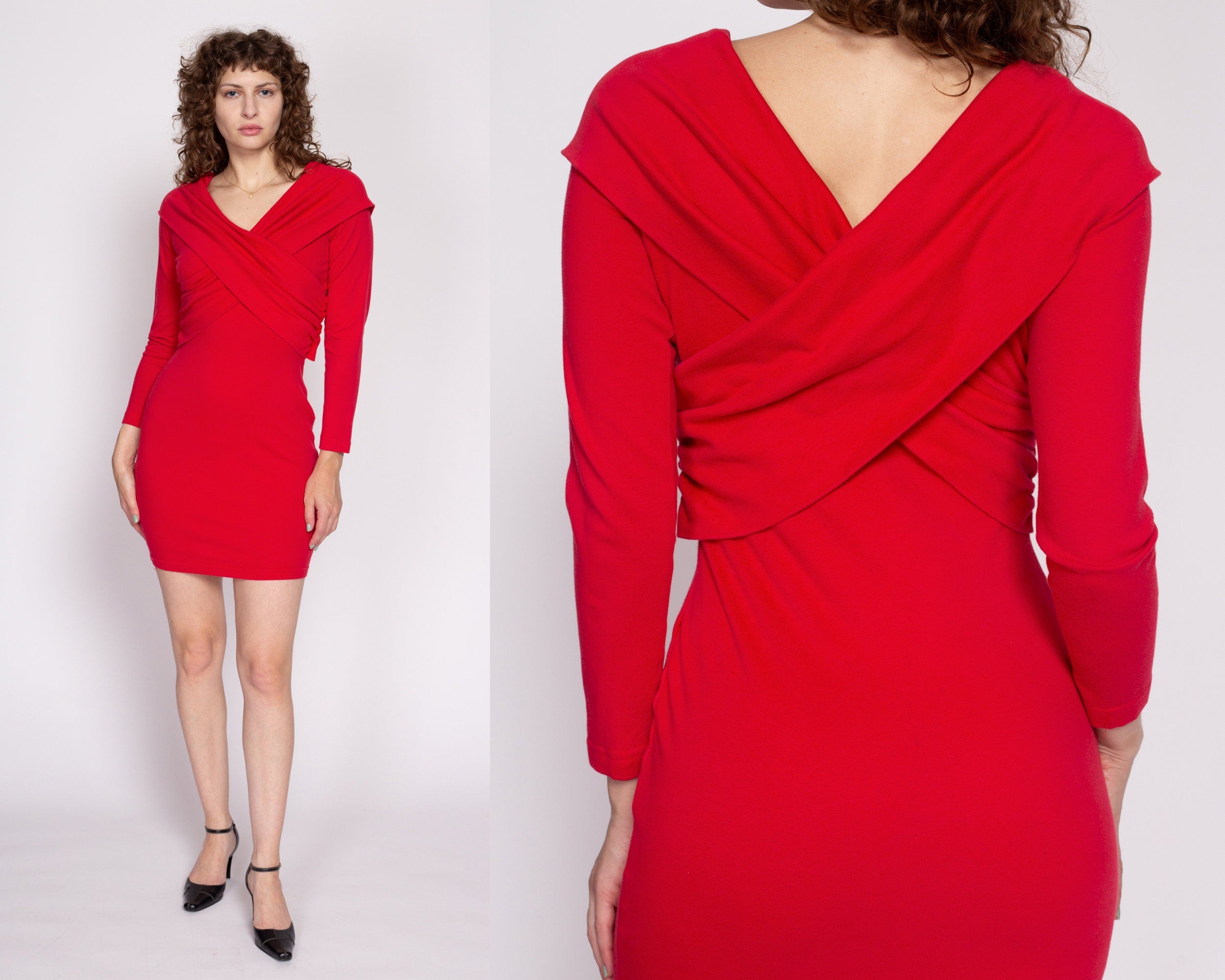 Vintage Bodycon Dress, Criss Cross Back Red Party Dress, Caged Back 80s  Medium to Large M L 