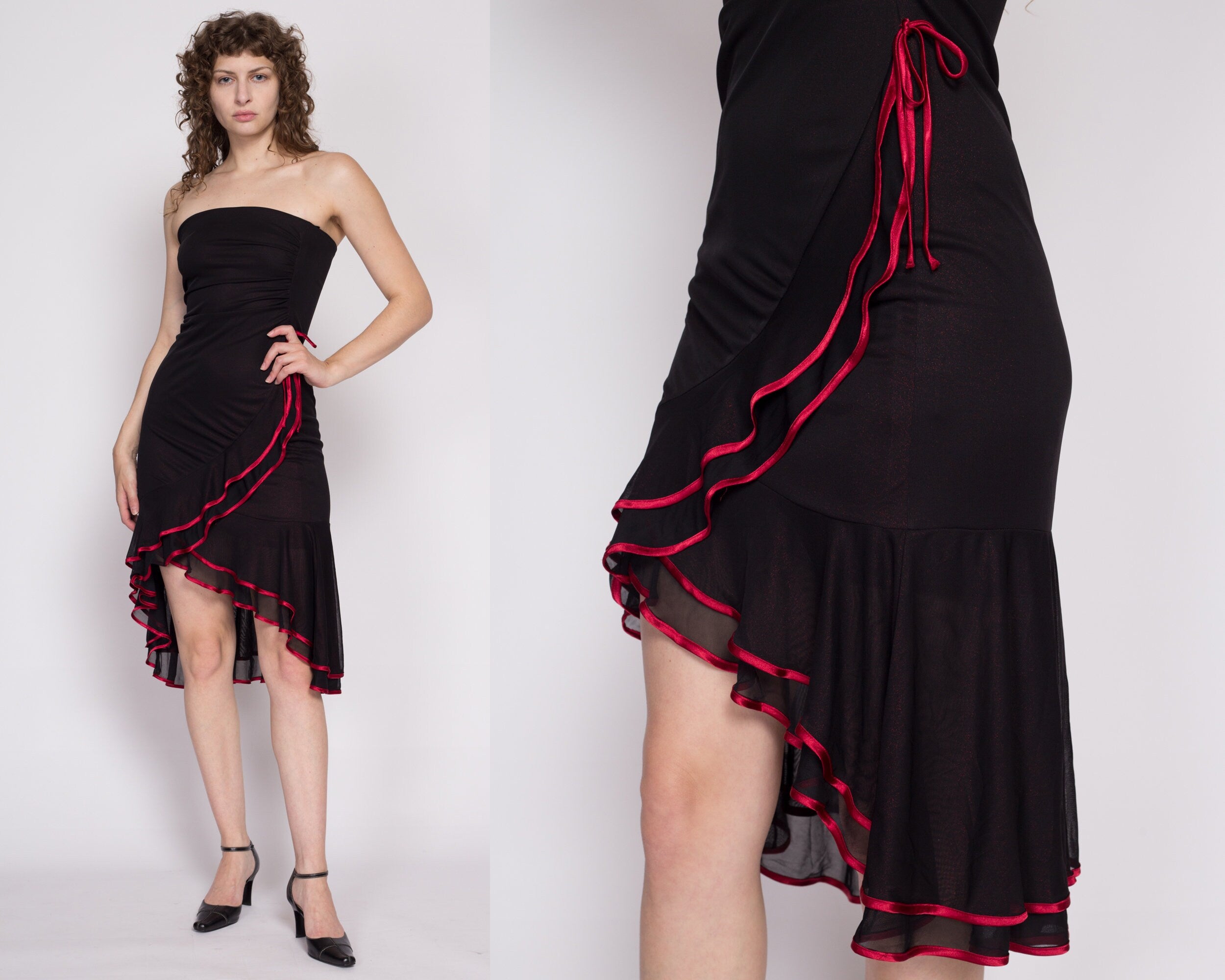 00's Vintage Red Rose Embroidery Black Dress // Y2K LBD Mini Strap Summer  Dress // Medium Size -  Canada