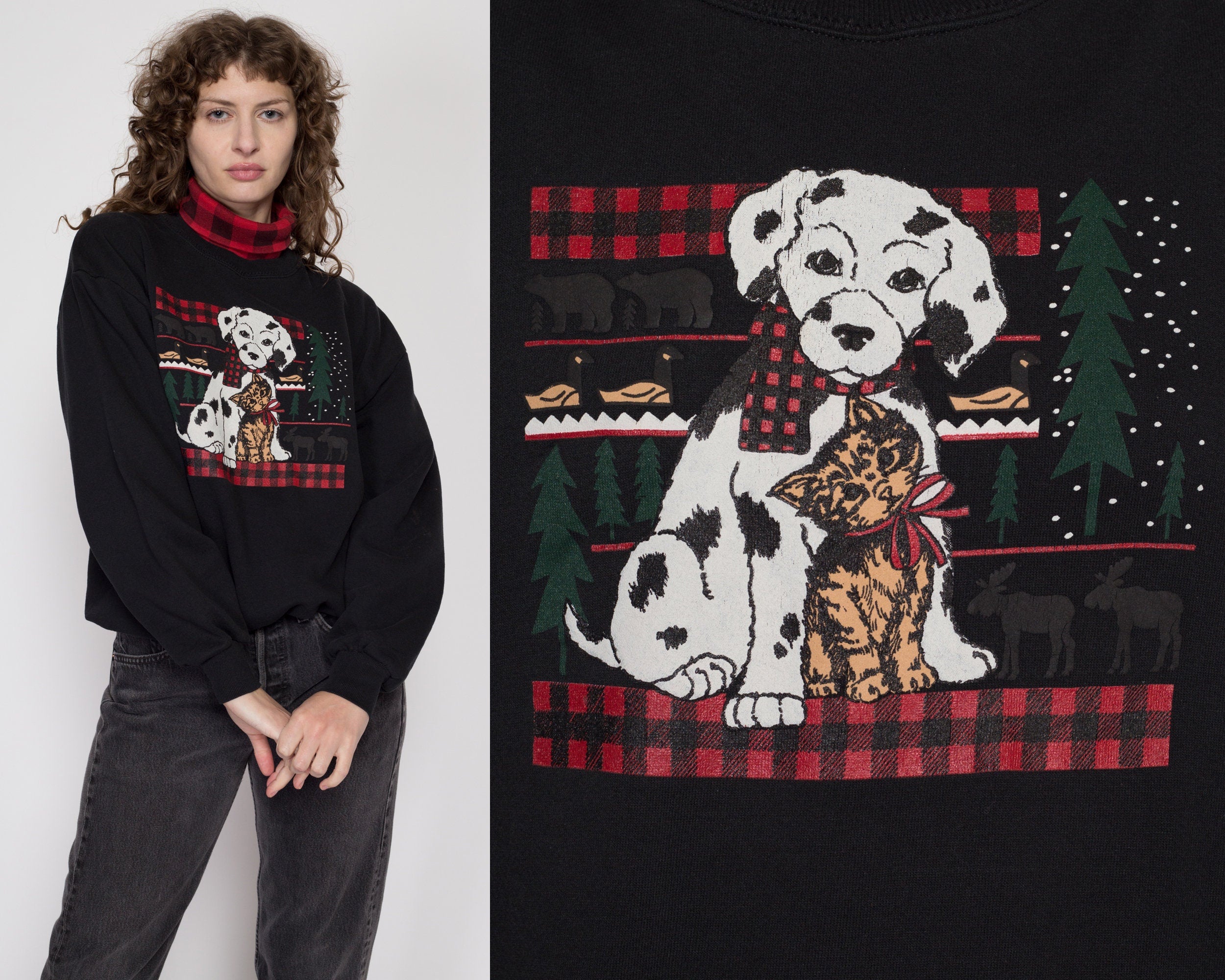 Large 90s Dalmatian &amp; Kitten Winter Sweatshirt