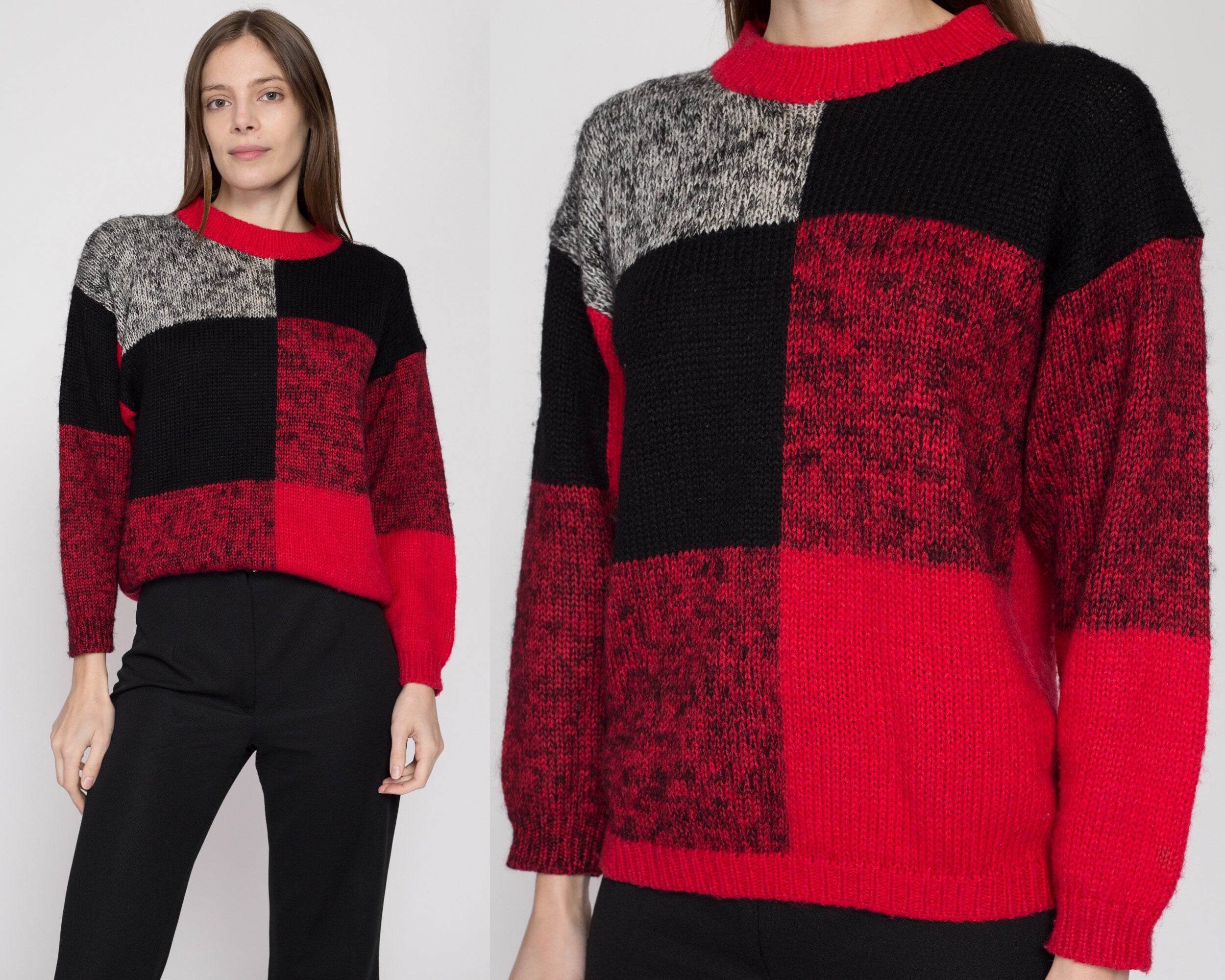 Small 80s Red &amp; Black Color Block Sweater