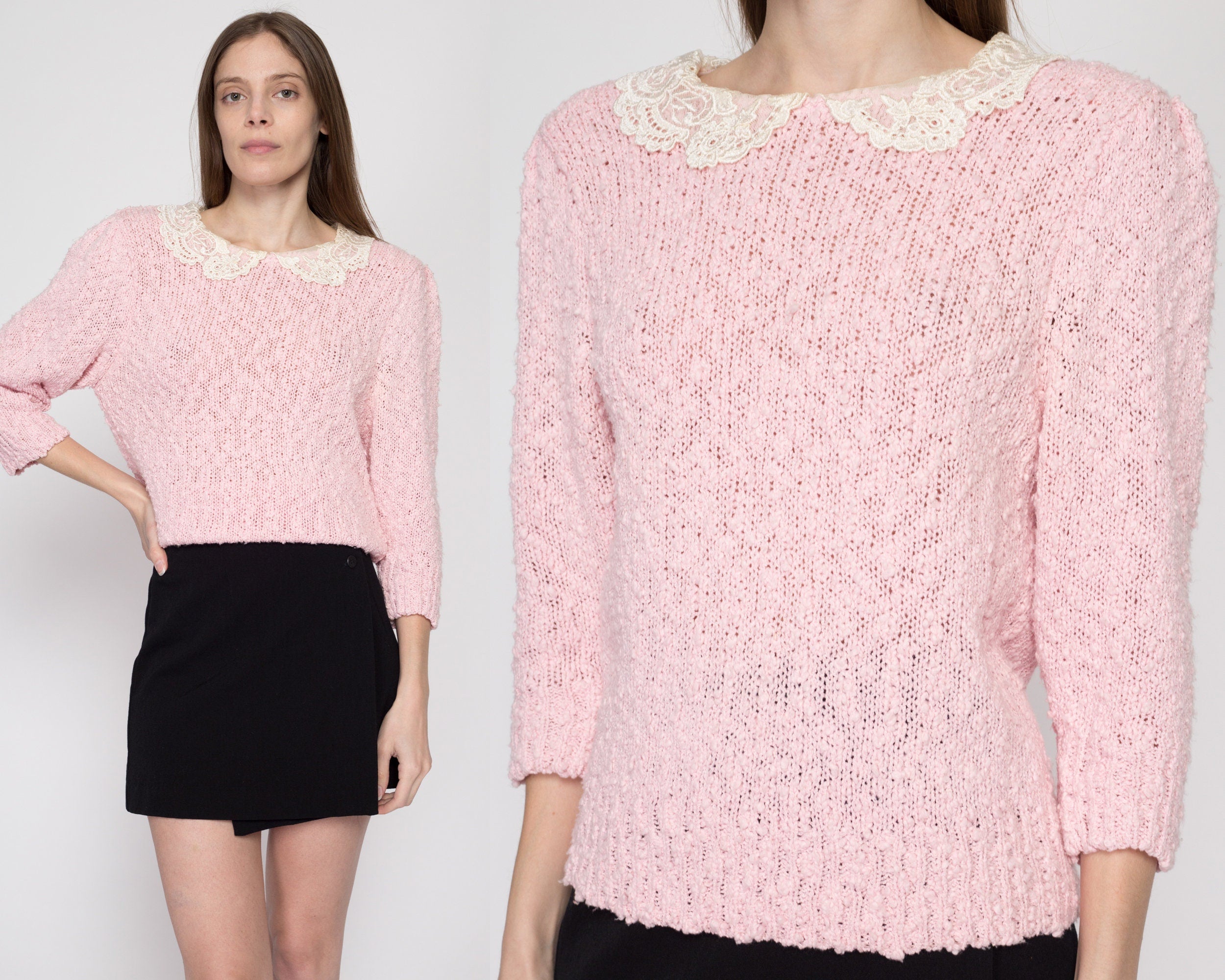 Medium 80s Pink Lace Collar Boucle Knit Sweater