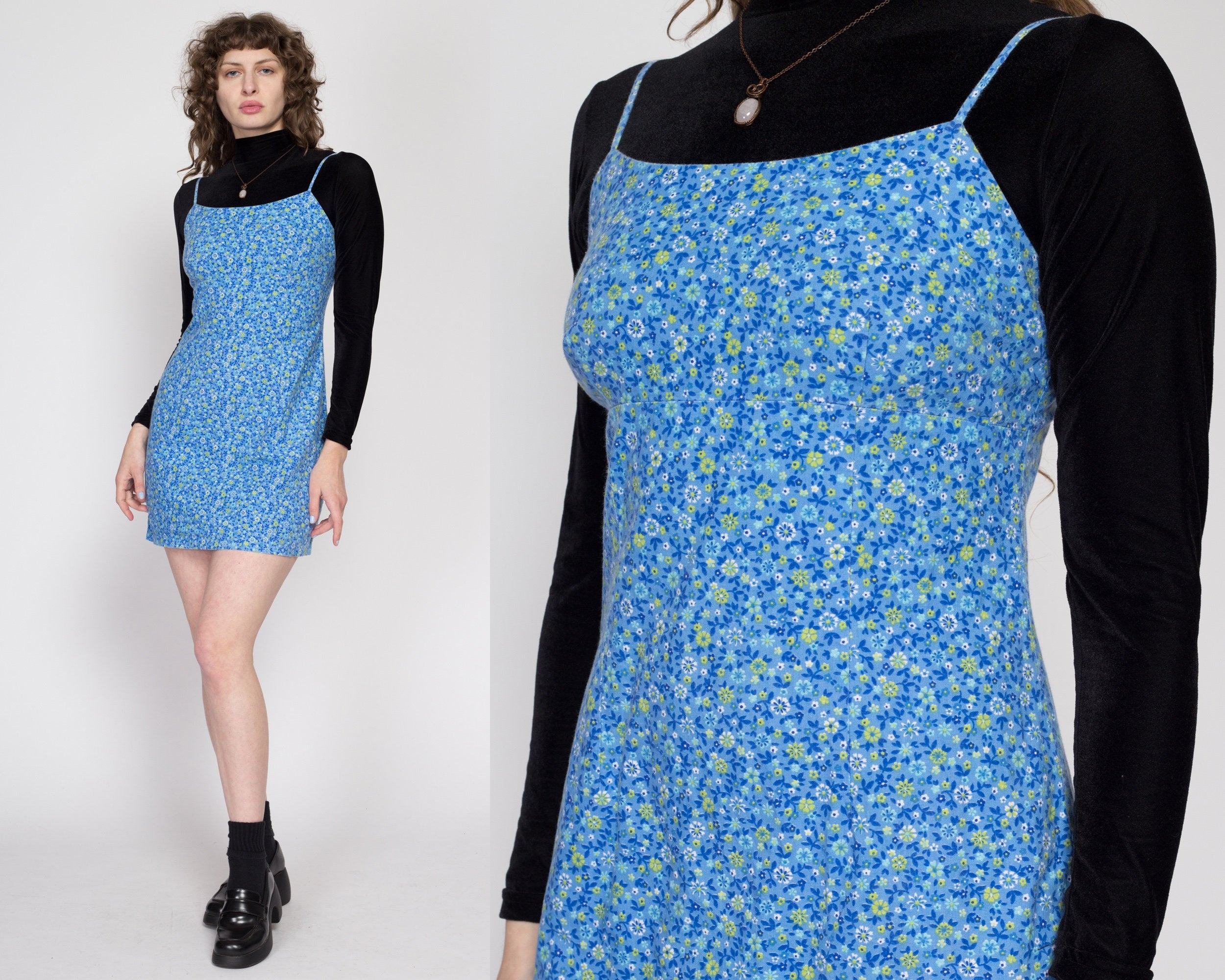 Small 90s Blue Ditsy Floral Mini Dress