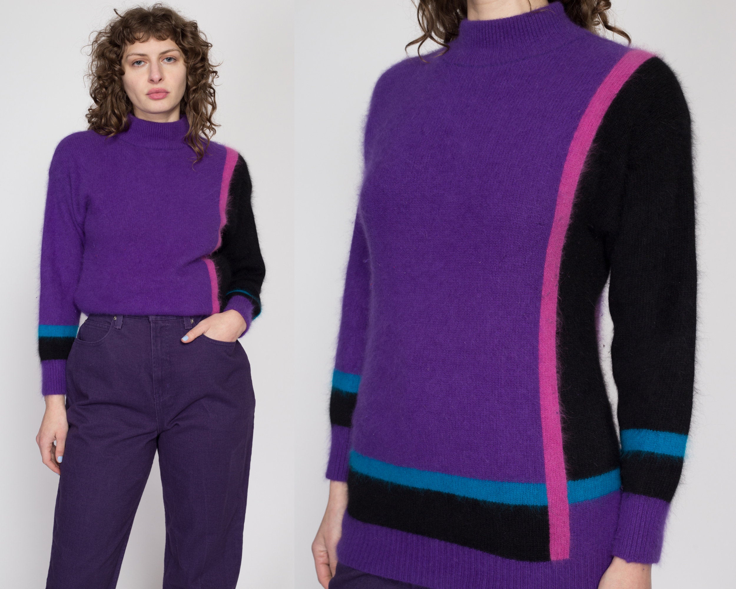 Medium 80s Purple Angora Color Block Sweater