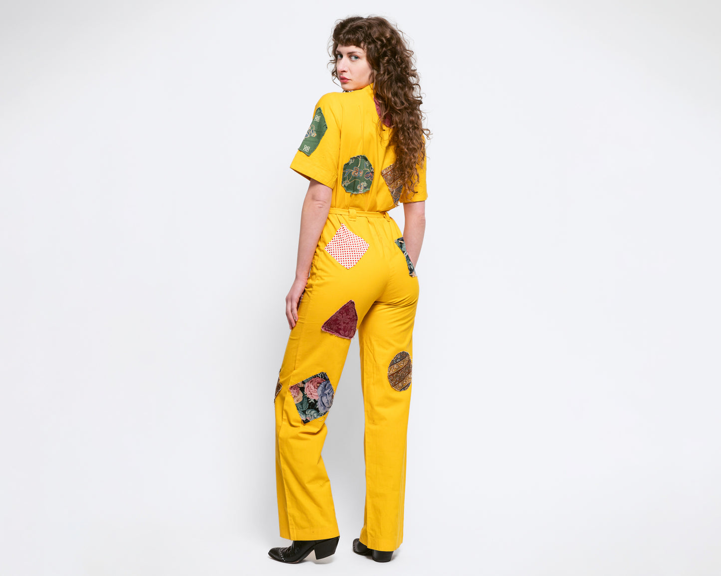 Medium 70s Yellow Patchwork Coverall Jumpsuit