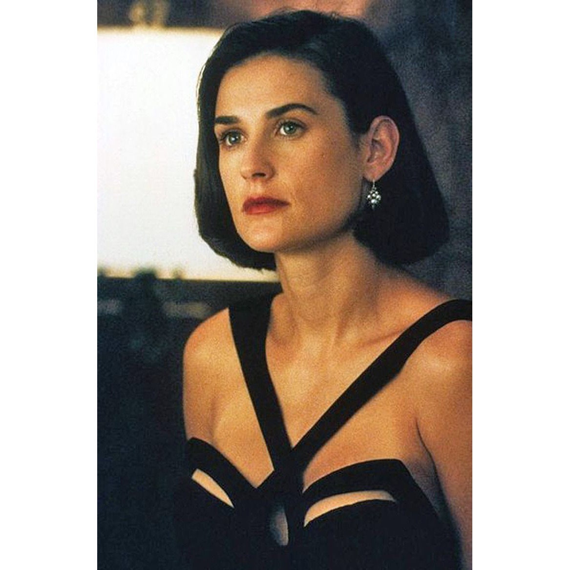 Small 90s Indecent Proposal Black Cut Out Evening Gown | Vintage Demi Moore Strappy Cage Neckline Sexy Formal Maxi Dress