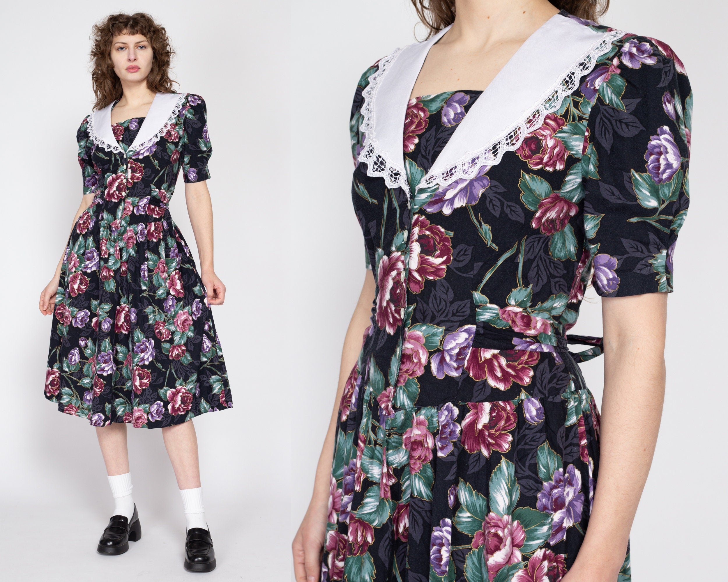 Medium 80s Black Floral Sailor Collar Fit Flare Dress Flying Apple Vintage