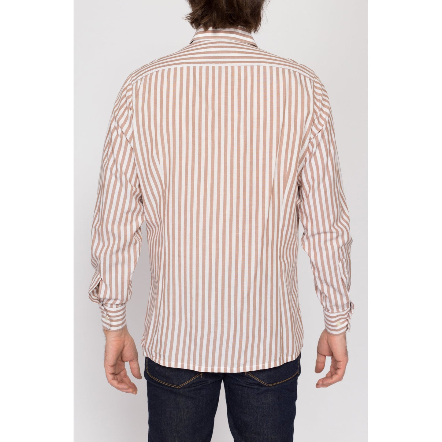 Med-Lrg 70s Yves Saint Laurent Brown & White Striped Shirt | Vintage YSL Designer Pointed Collar Long Sleeve Button Up Top