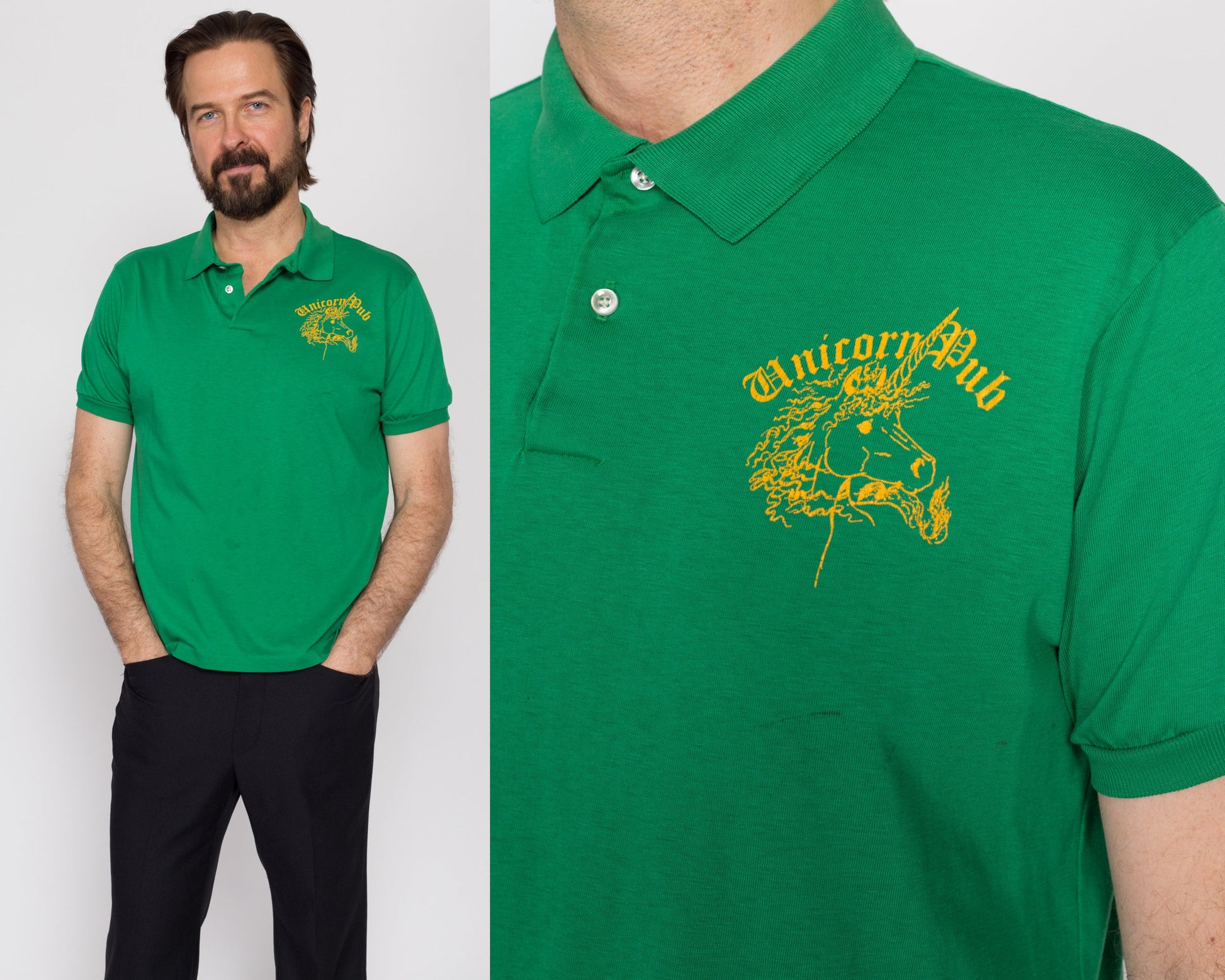 Medium 80s Unicorn Pub Green Polo Shirt | Vintage Staff Uniform Short Sleeve Collared Top