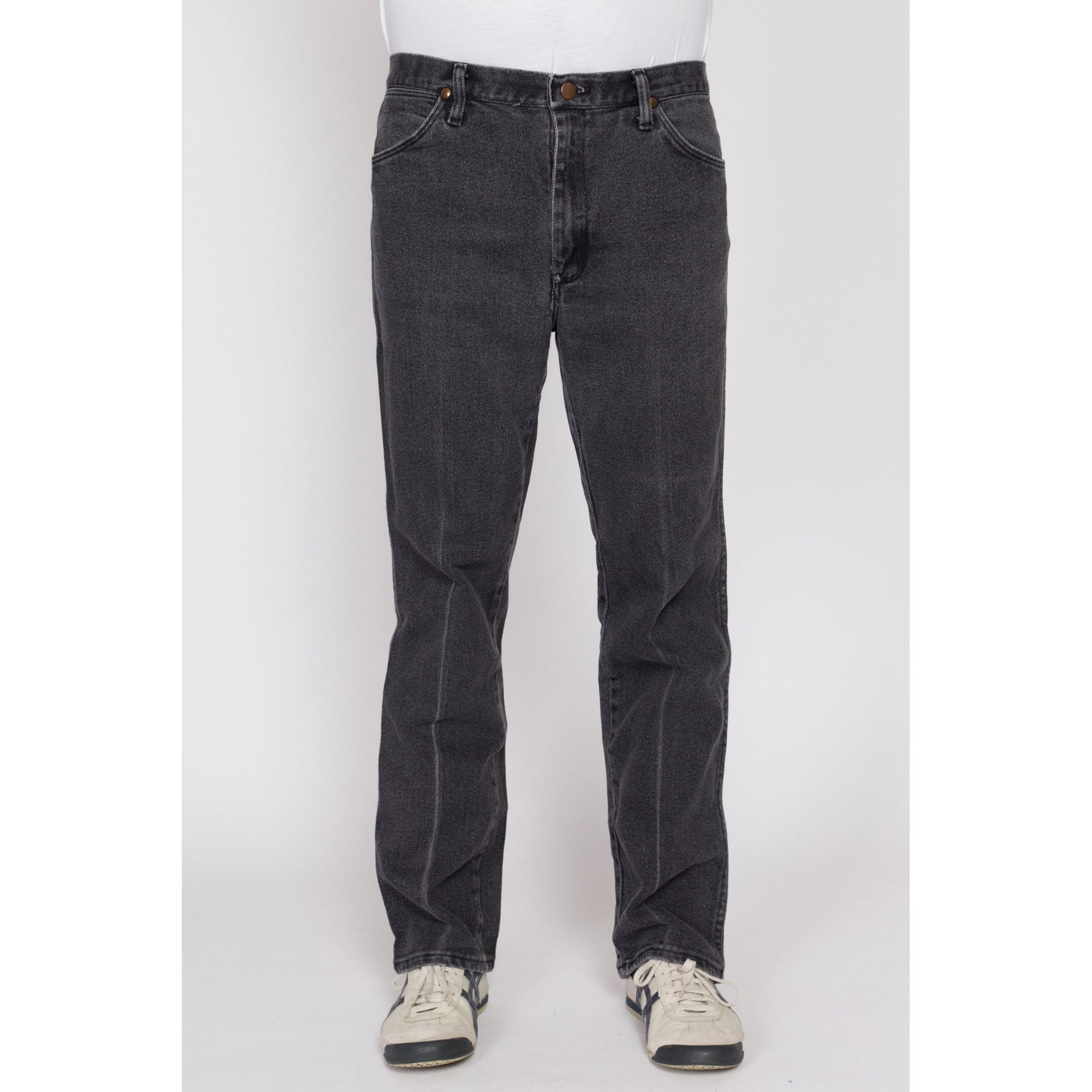 34x32 90s Wrangler Faded Black Jeans | Vintage Stretchy Denim Straight Leg Jeans