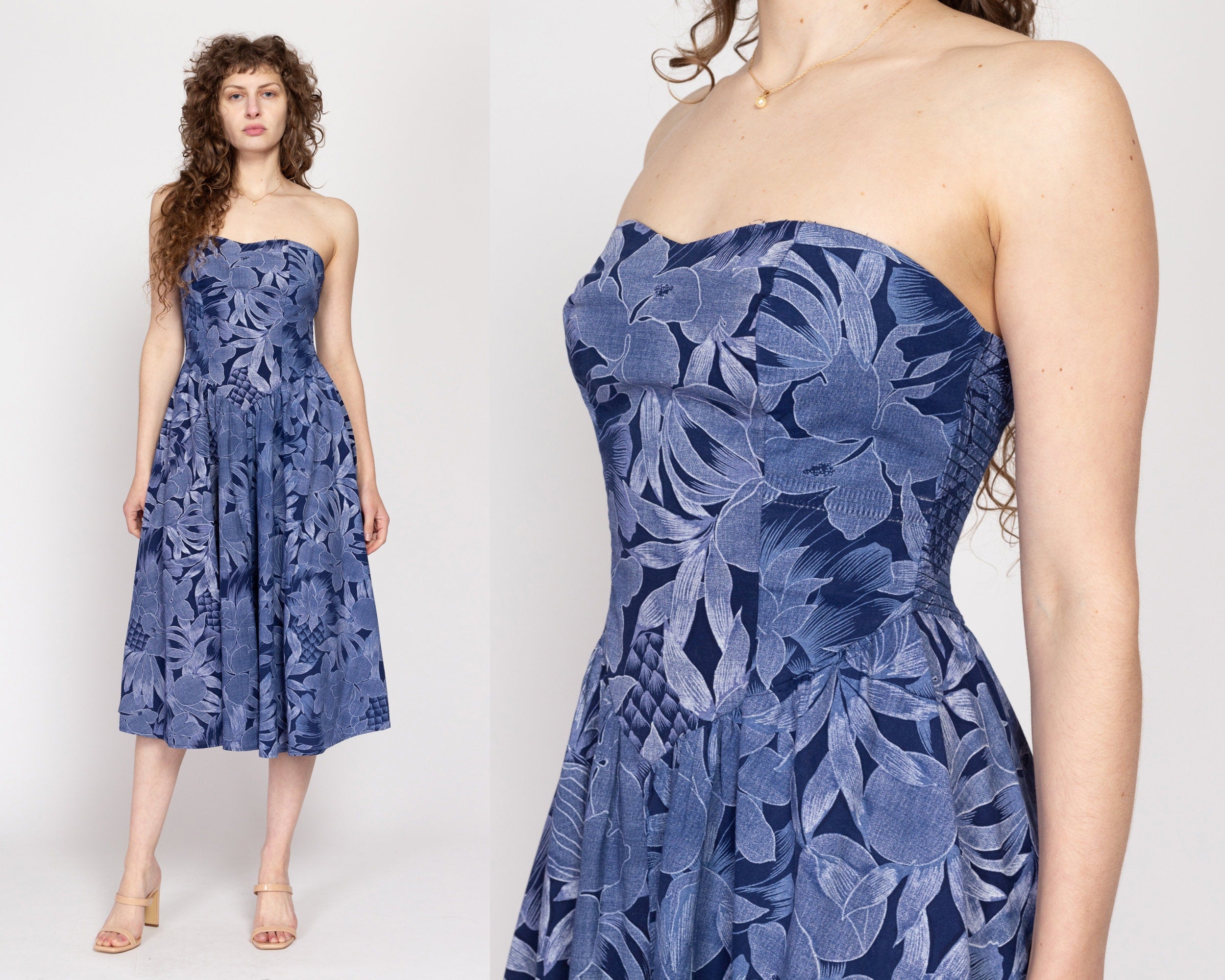 Blue Floral Strapless Dress