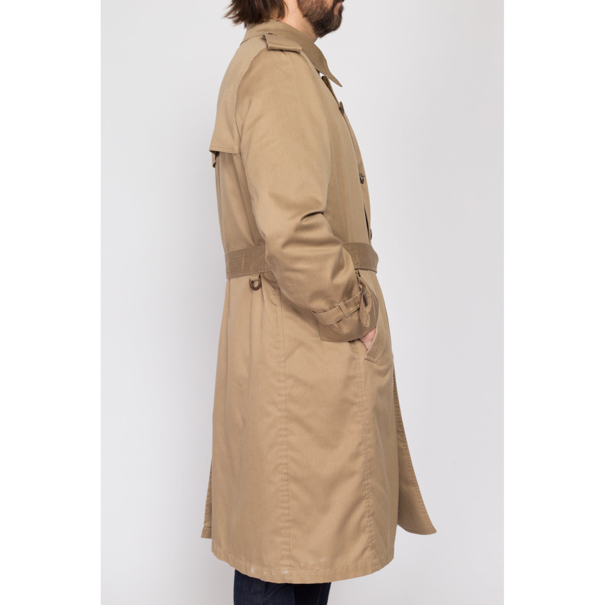 Large 80s London Fog Maincoats Khaki Belted Trench Coat 44 Regular