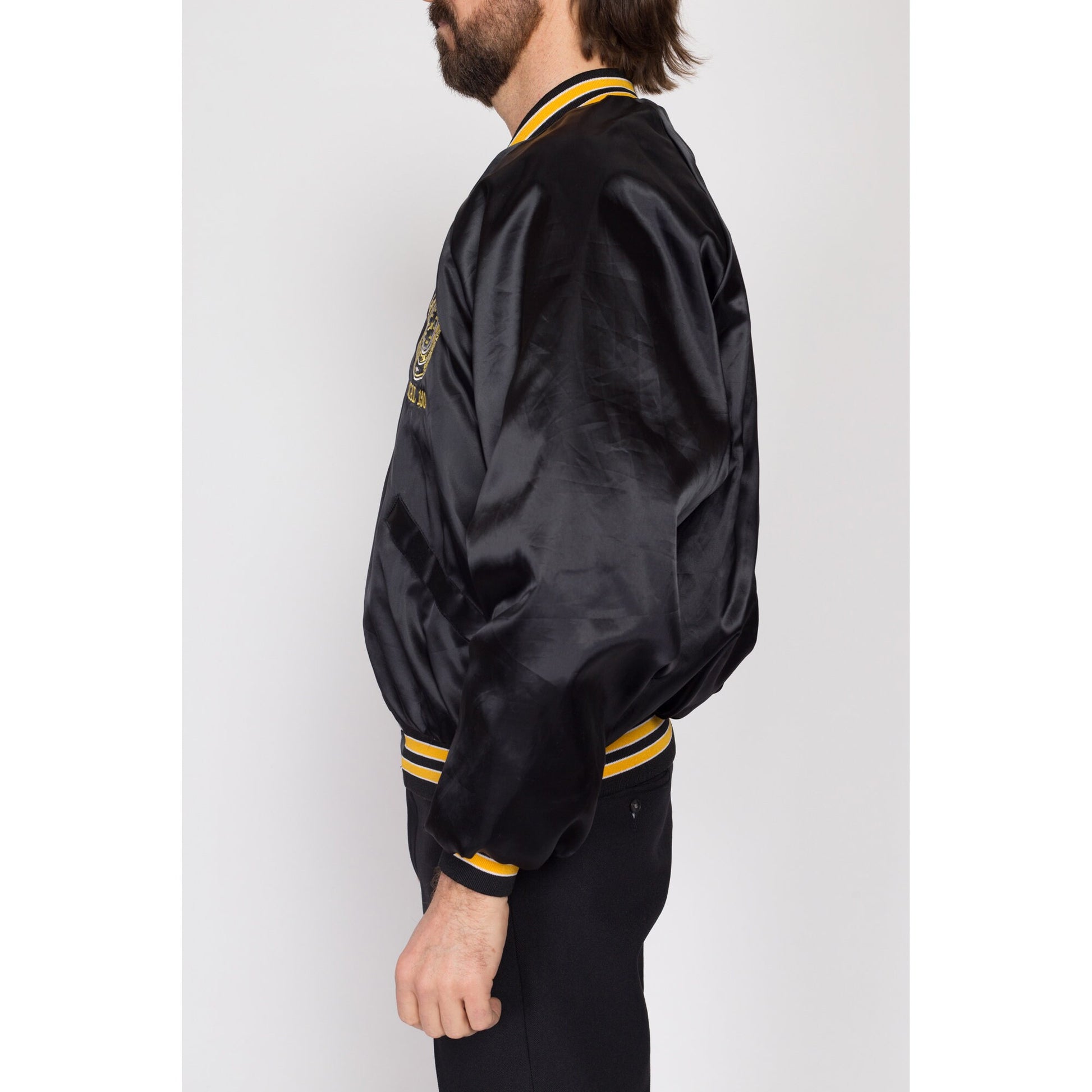 XL 90s Operating Engineers Union Black Satin Bomber Jacket | Vintage IUOE Snap Up Varsity Logo Coat