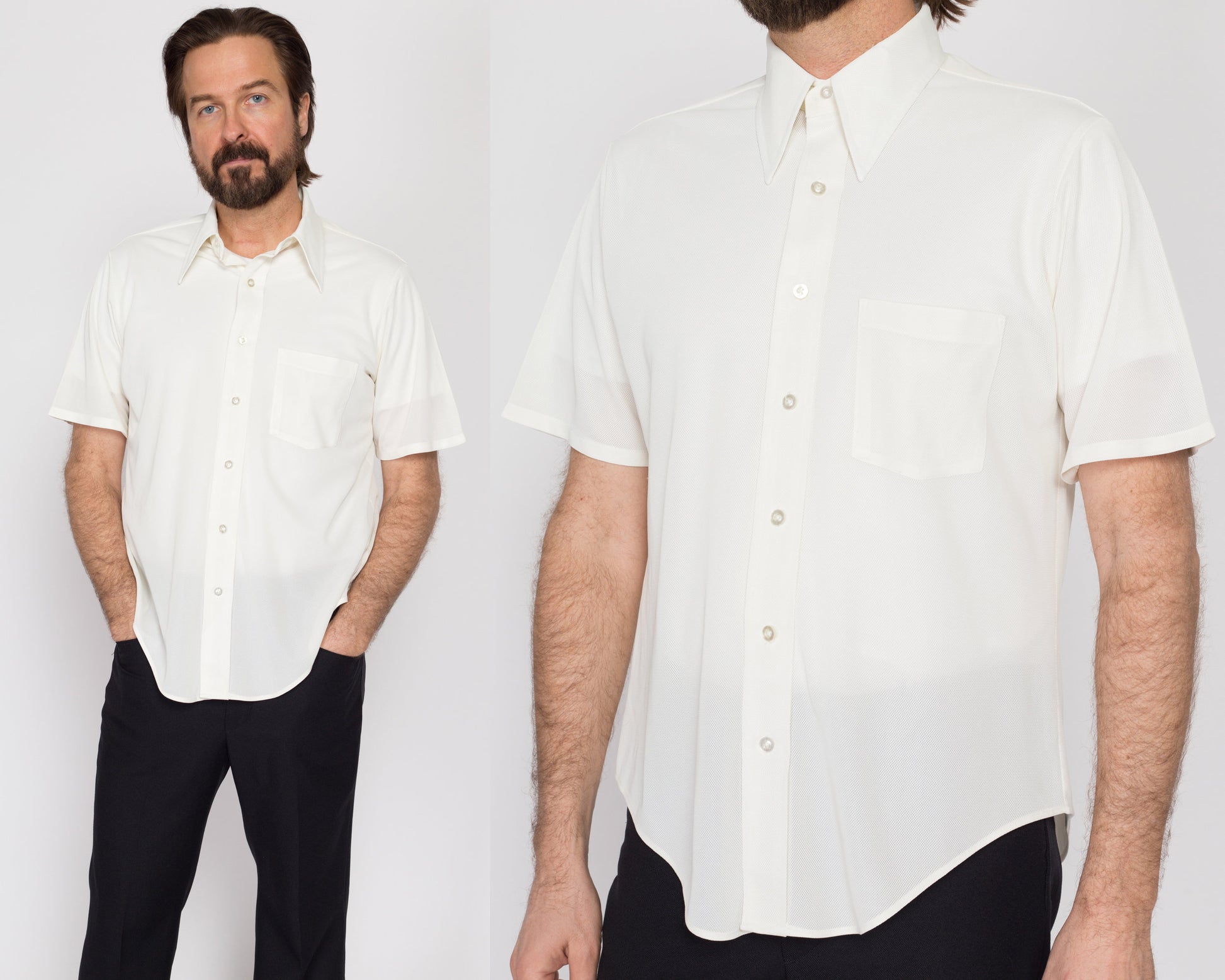 Large 70s Sheer White Short Sleeve Collared Shirt | Vintage Button Up Mesh Top