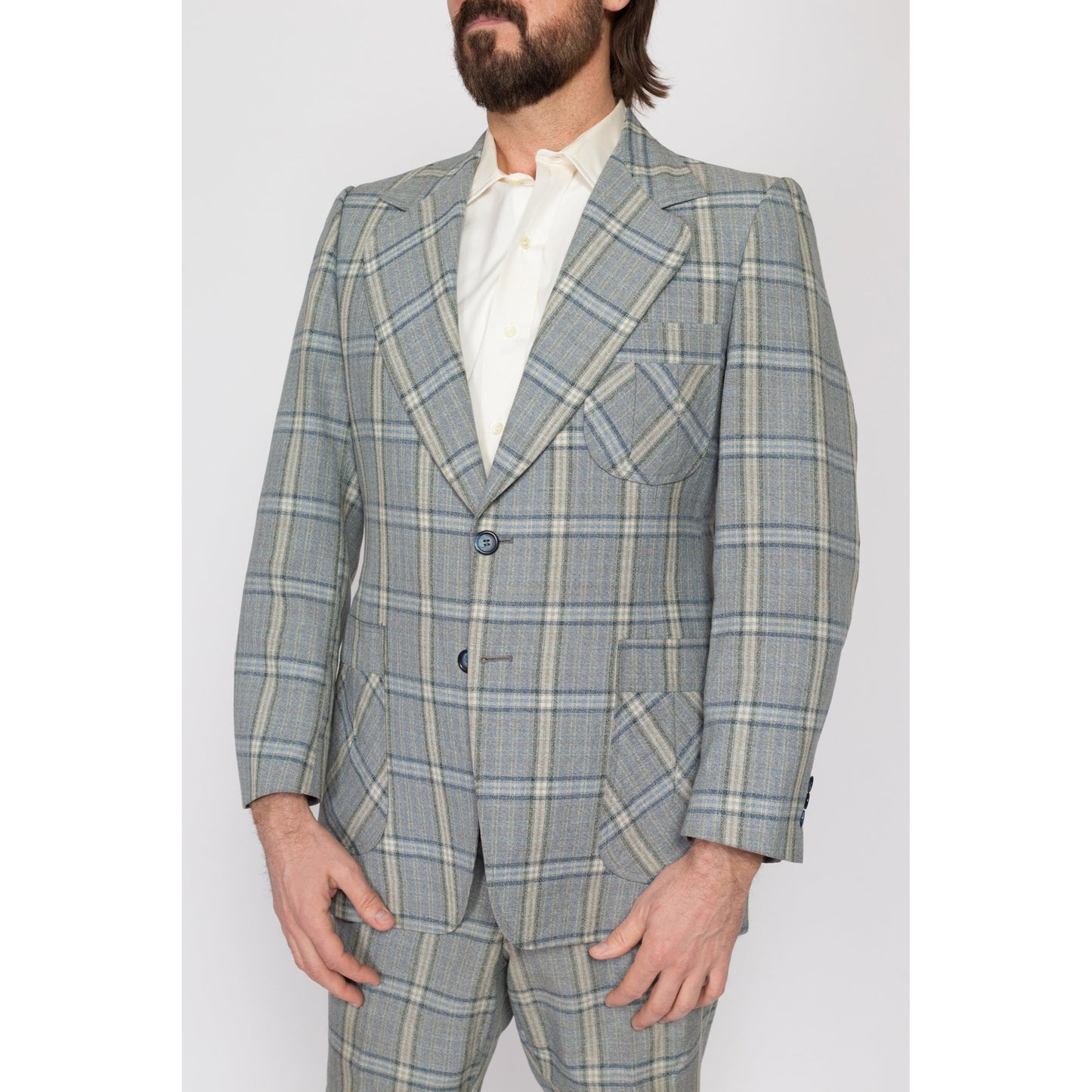 Medium 70s Blue Plaid Suit Set | Vintage Jacket & Bootcut Trousers Matching Two Piece Formal Outfit