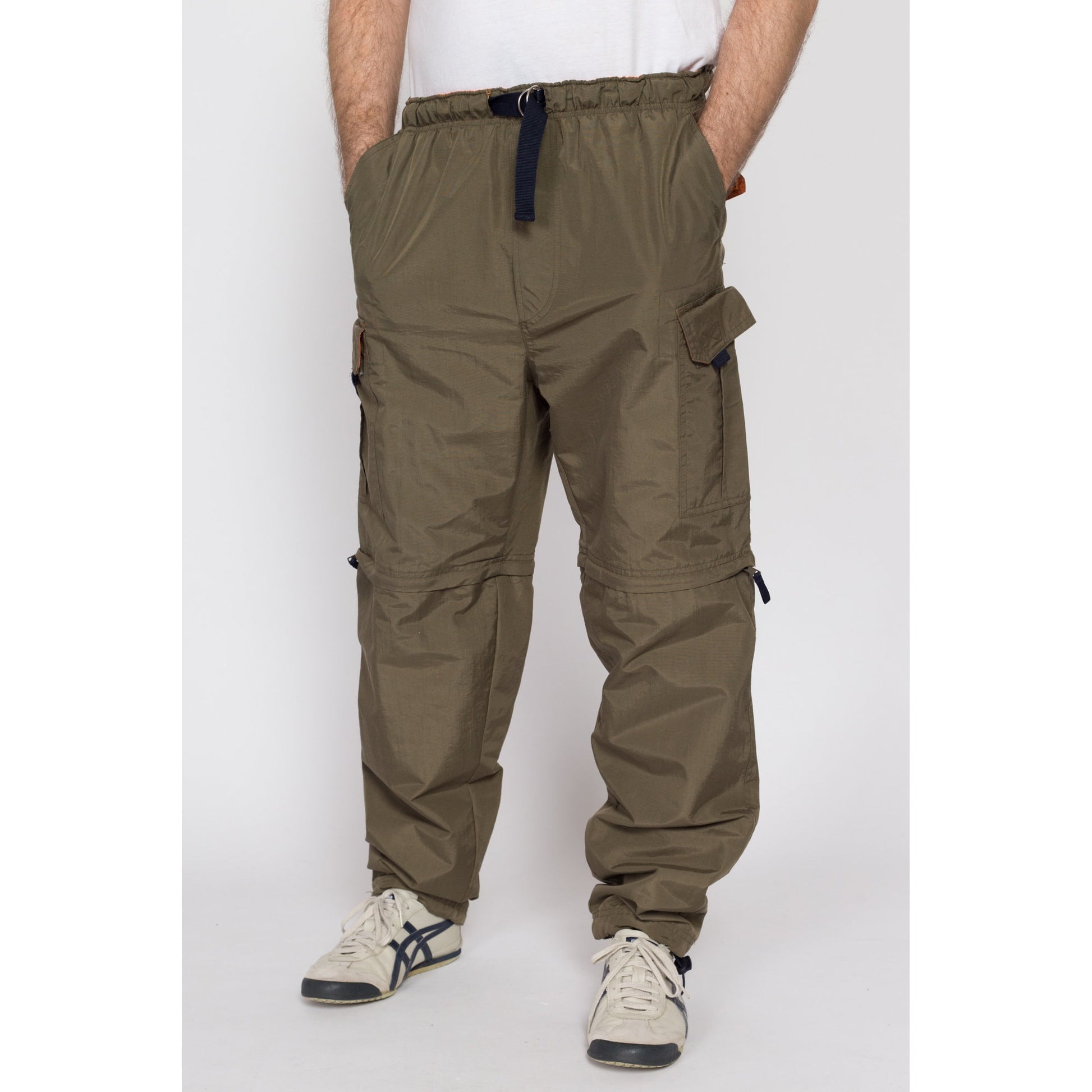 Medium 90s Olive Green Zip Off Windbreaker Pants | Vintage Water Resistant Nylon Athletic Wear Outdoors Joggers