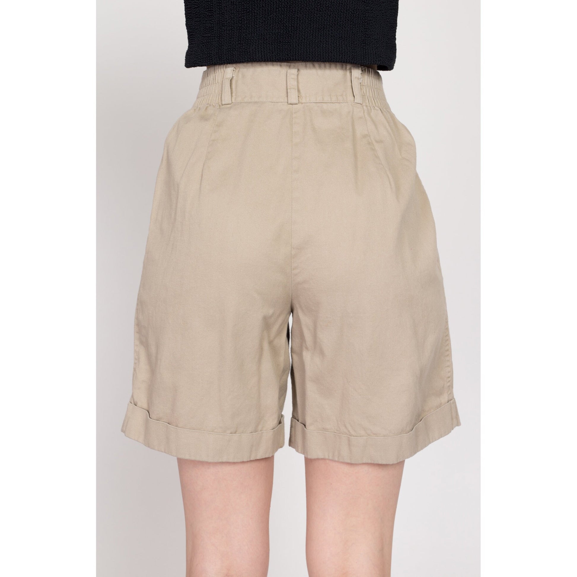 XS-Sm 80s Khaki High Waisted Pleated Shorts 24"-27" | Vintage Cotton Casual Mom Shorts