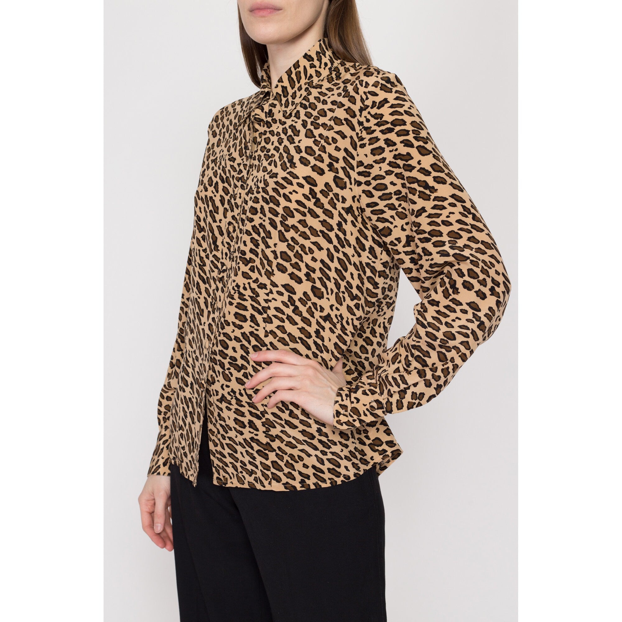 90s silk cheetah wrap blouse / vintage silk animal print outlet cheetah cropped plunging draped wrap front blouse | M