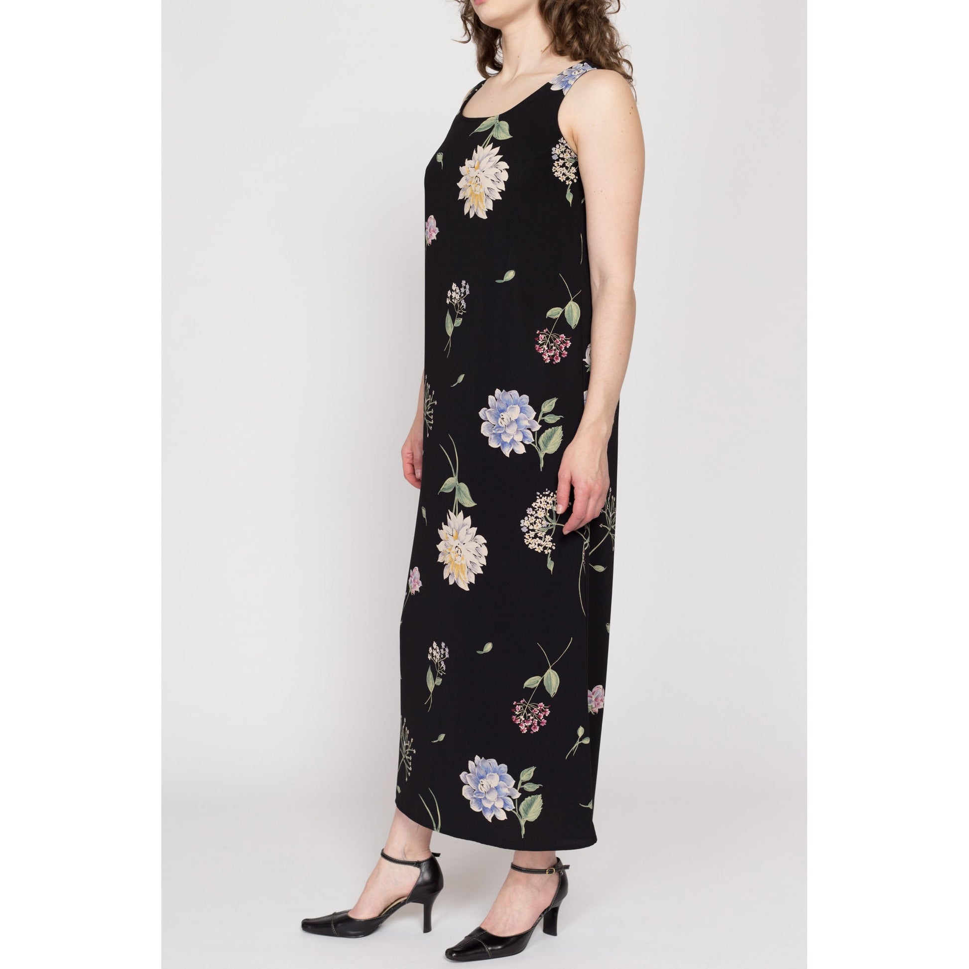 Medium 90s Black Floral Maxi Tank Dress | Vintage Sleeveless Long Grunge Sundress