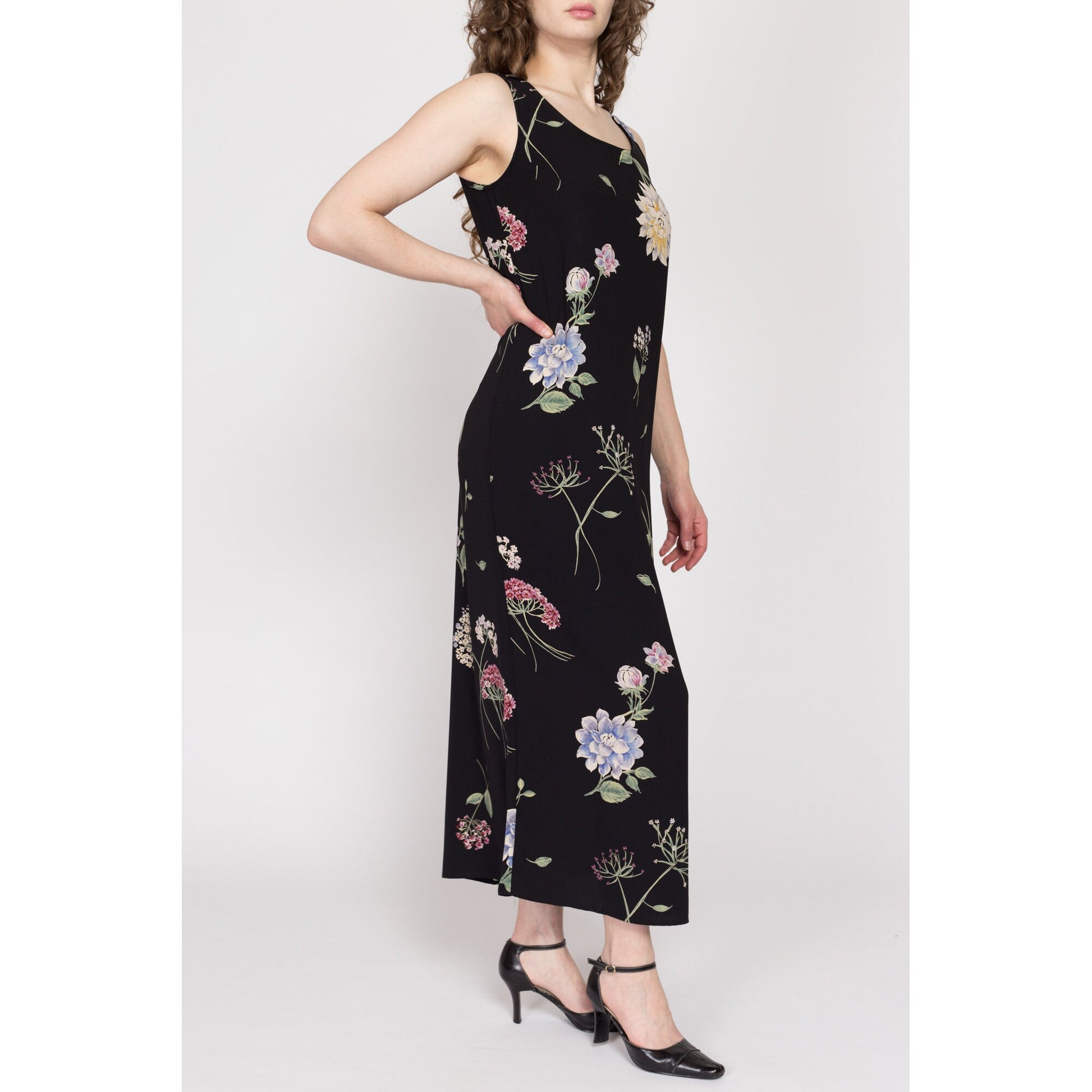 Medium 90s Black Floral Maxi Tank Dress | Vintage Sleeveless Long Grunge Sundress