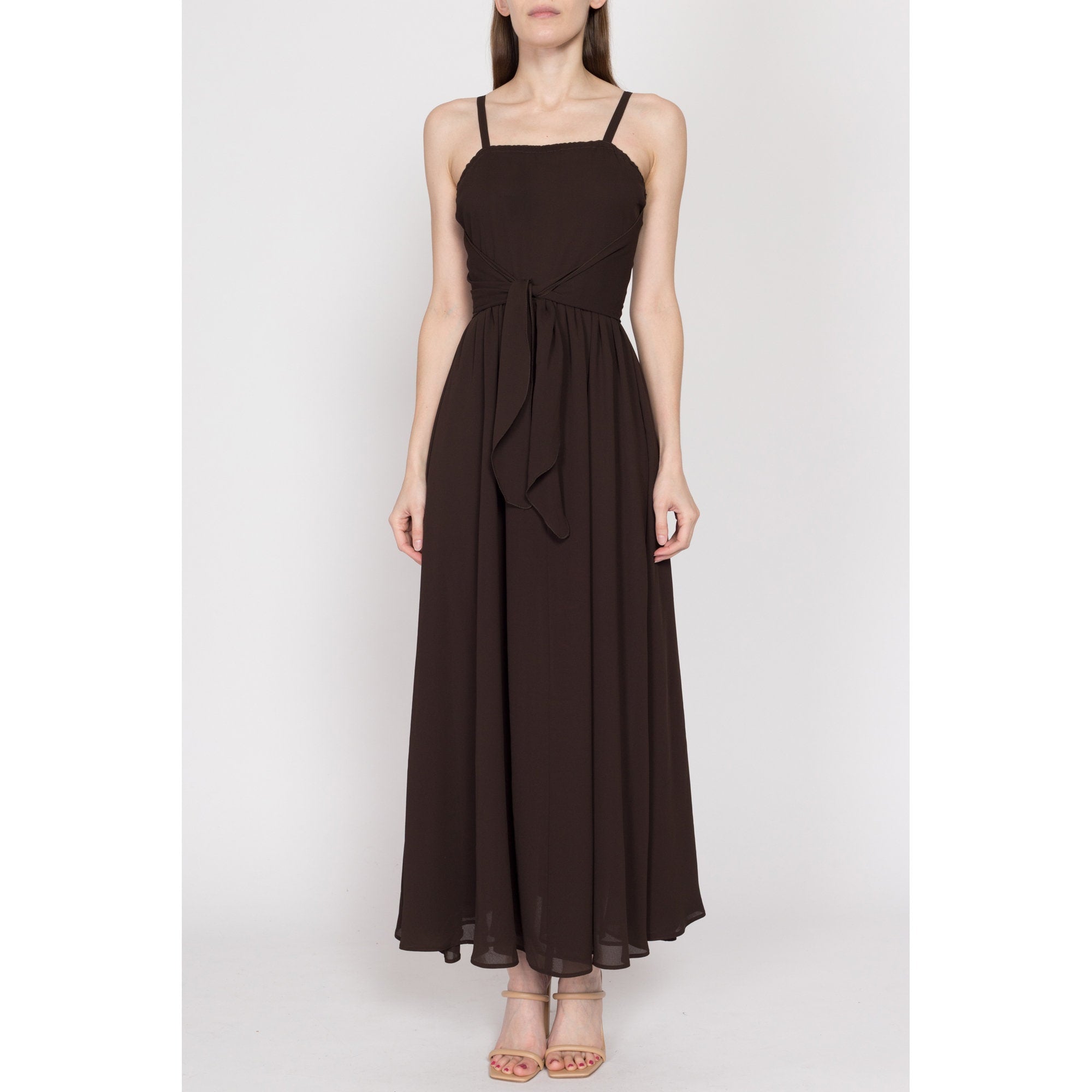 XS 70s Chocolate Brown Chiffon Tie Front Gown