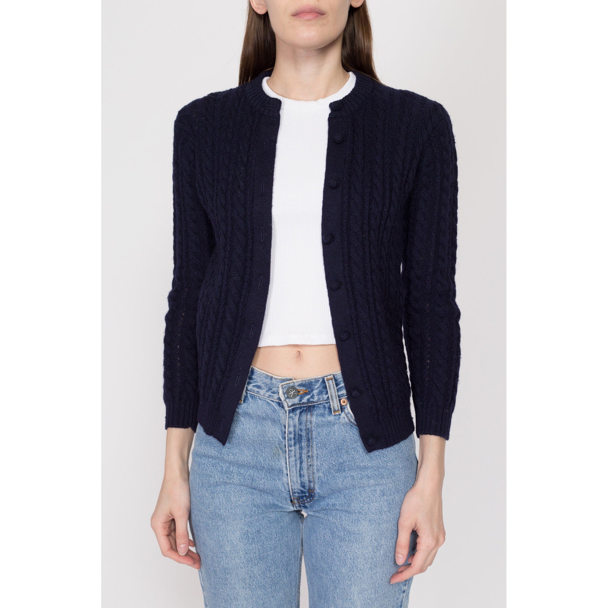 XS 70s Navy Blue Cable Knit Cardigan