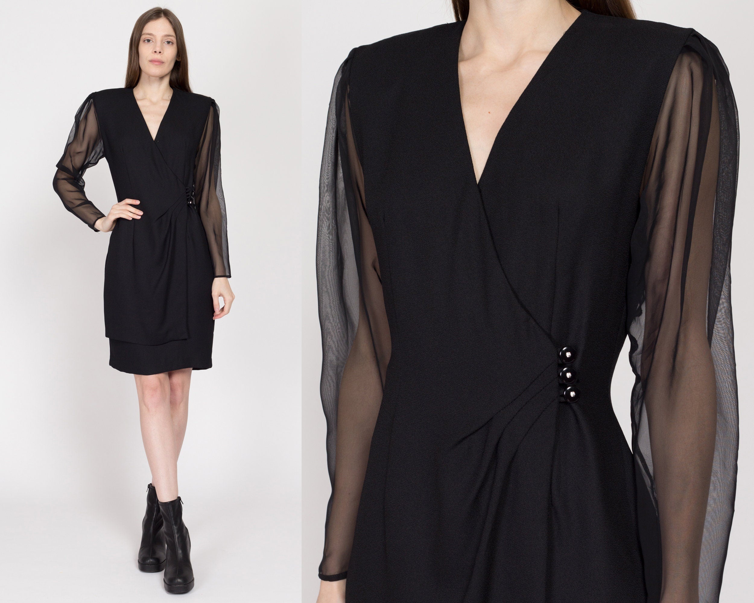 Medium 80s Black Sheer Sleeve Secretary Wrap Dress – Flying Apple Vintage