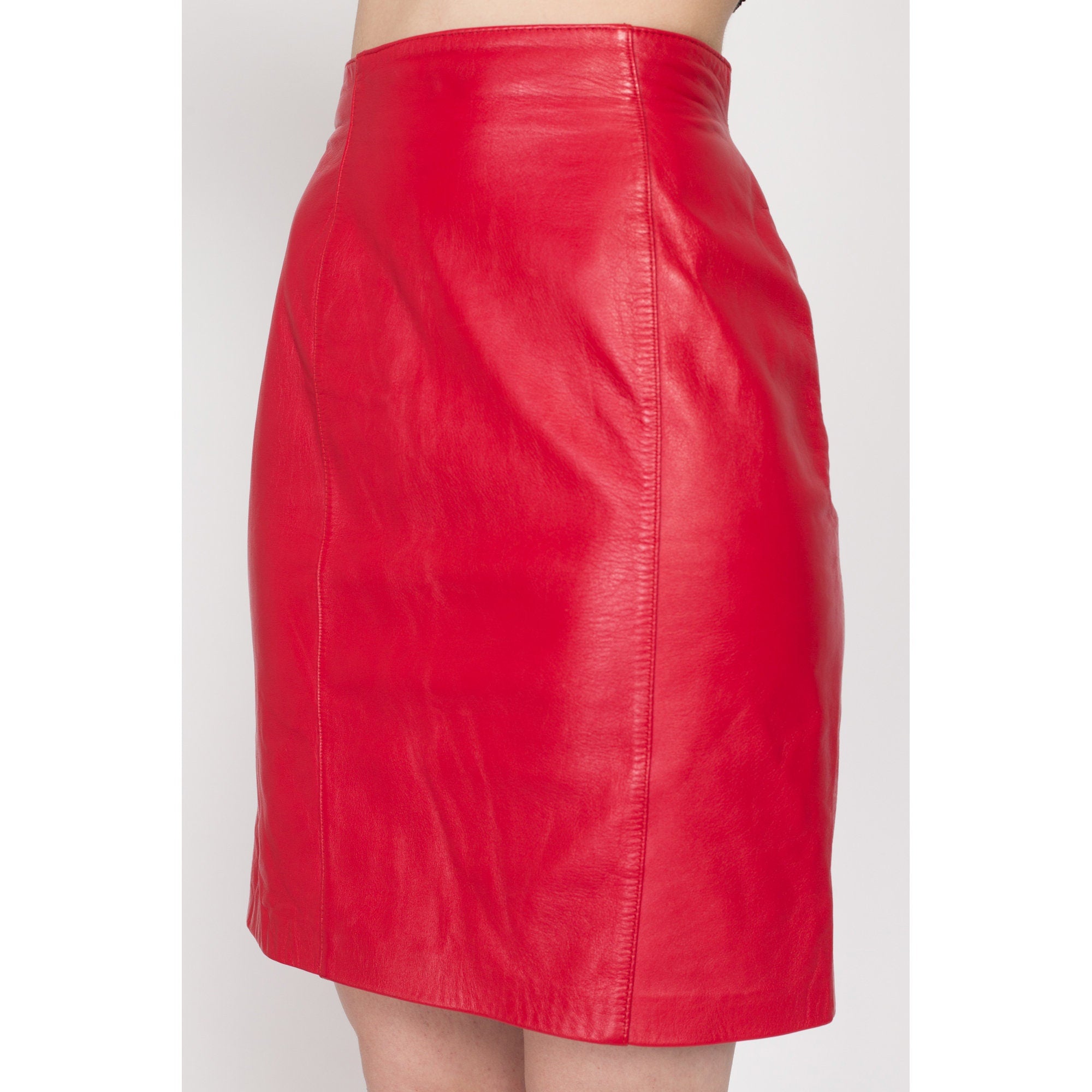 Small 90s Red Leather Pencil Skirt Flying Apple Vintage