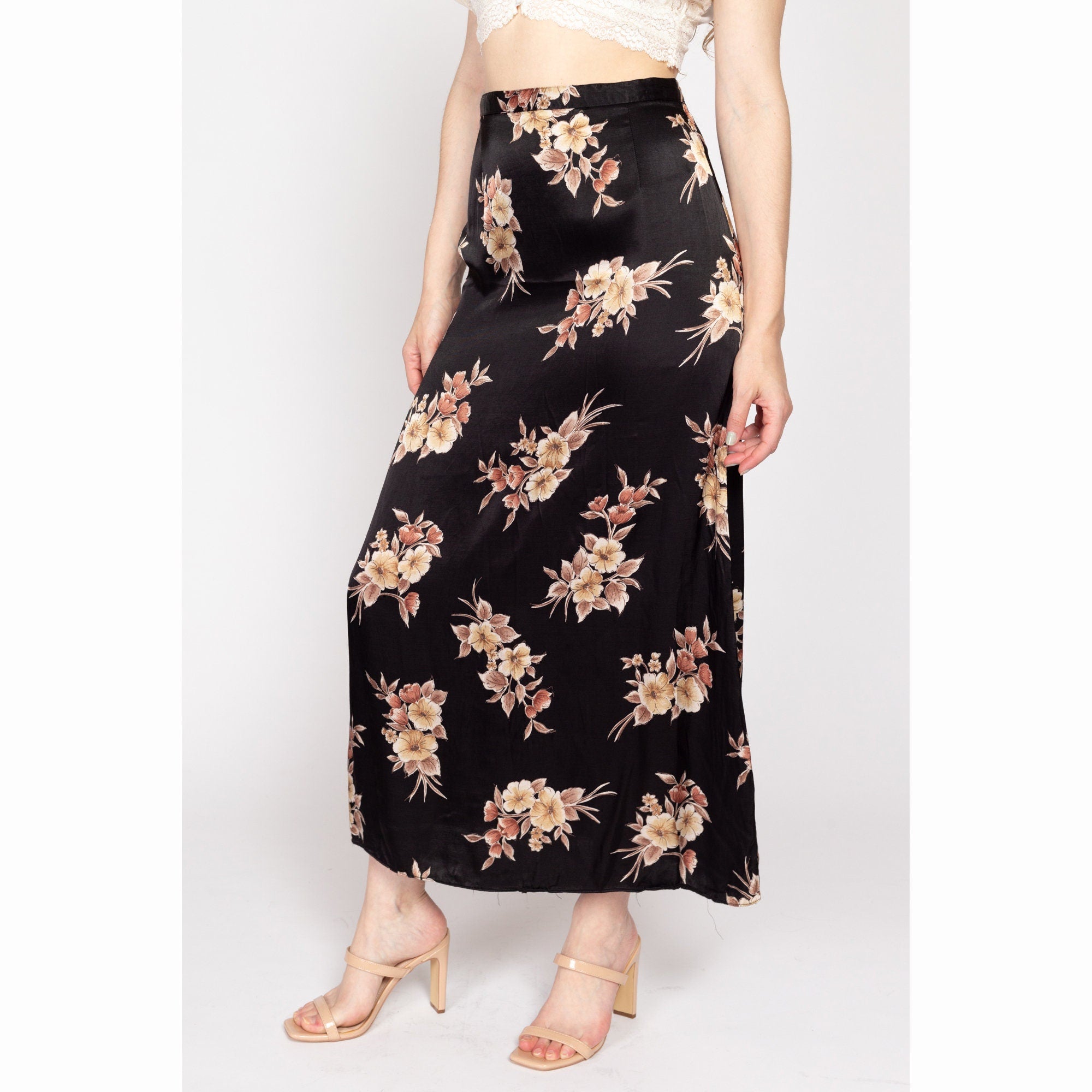 Medium 90s Black Floral Satin Maxi Skirt 28 Flying Apple Vintage