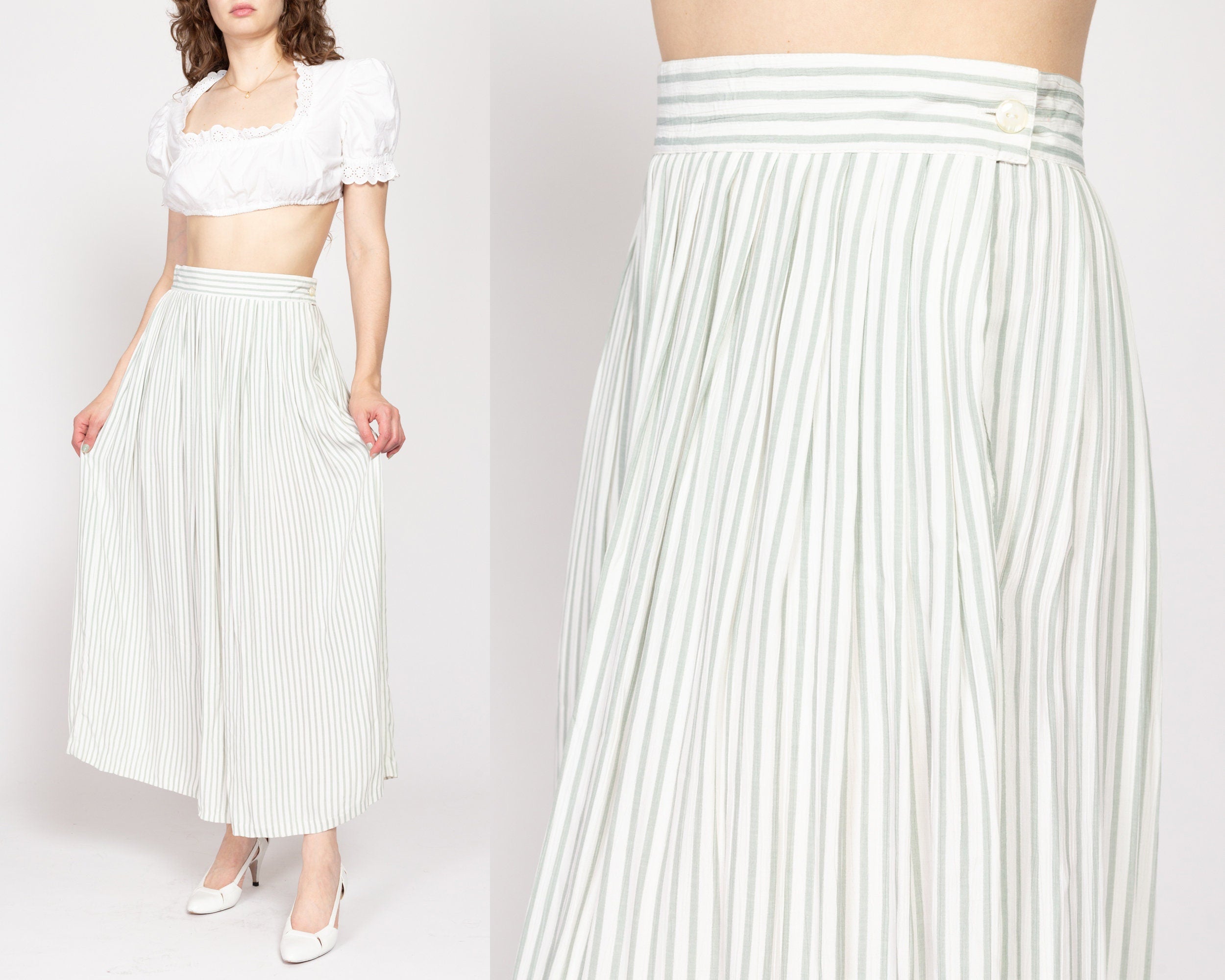 Medium 80s White Sage Green Pinstriped Maxi Skirt 28 Flying Apple Vintage