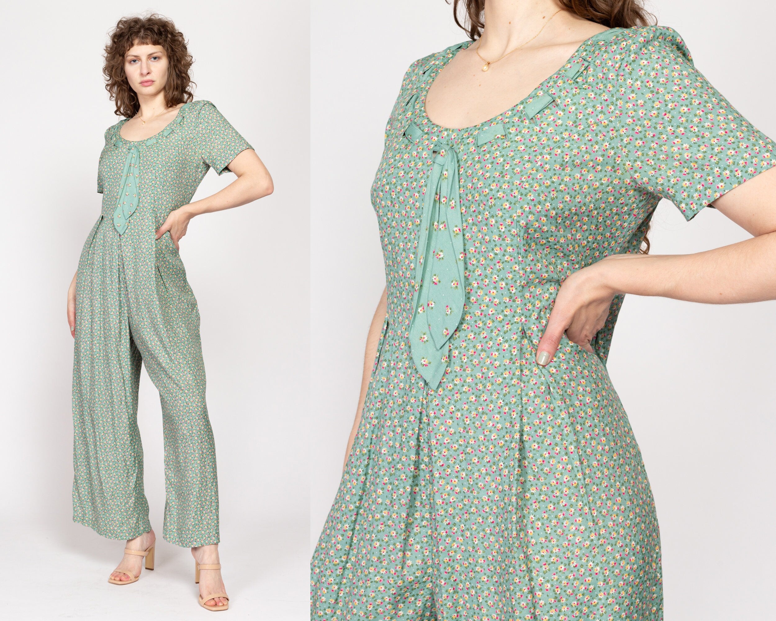 Medium 90s Sage Green Ditsy Floral Jumpsuit Flying Apple Vintage