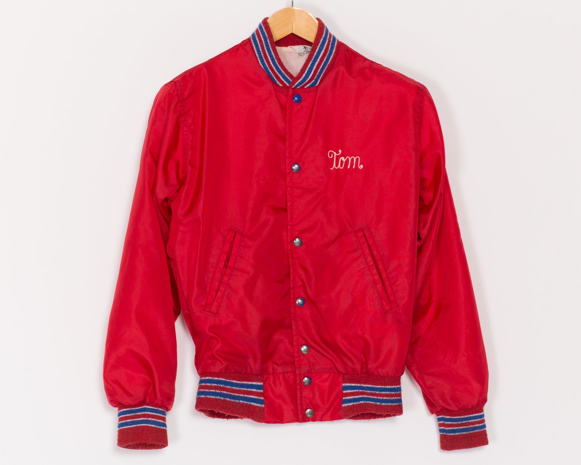 XS 80s All Star Sports Red Varsity Jacket | Vintage Striped Trim Team Bomber Windbreaker