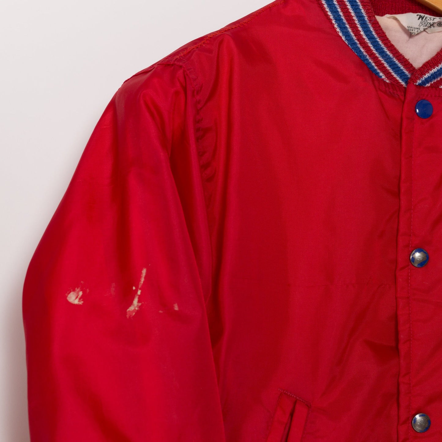 XS 80s All Star Sports Red Varsity Jacket | Vintage Striped Trim Team Bomber Windbreaker