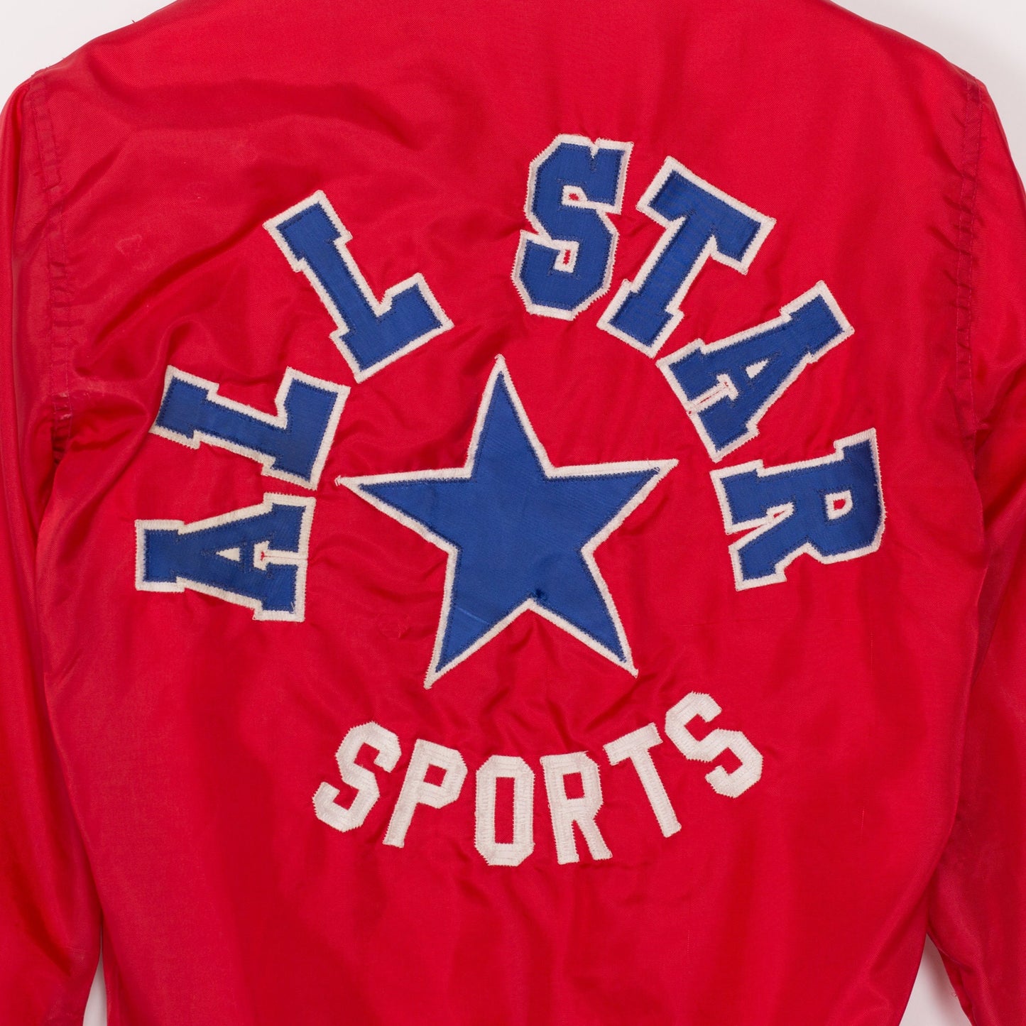 XS 80s All Star Sports Red Varsity Jacket | Vintage Striped Trim Team Bomber Windbreaker