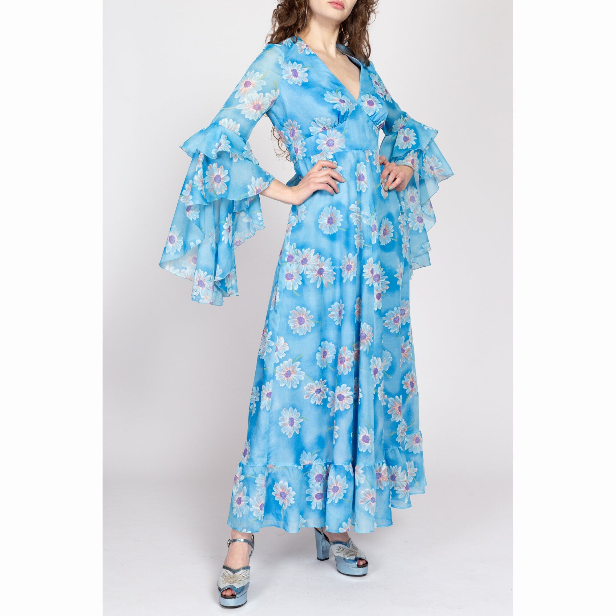 Vintage deals 1970s Sherry Blue Girls 7-8 Yellow Boho Floral Sheer Long Maxi Dress