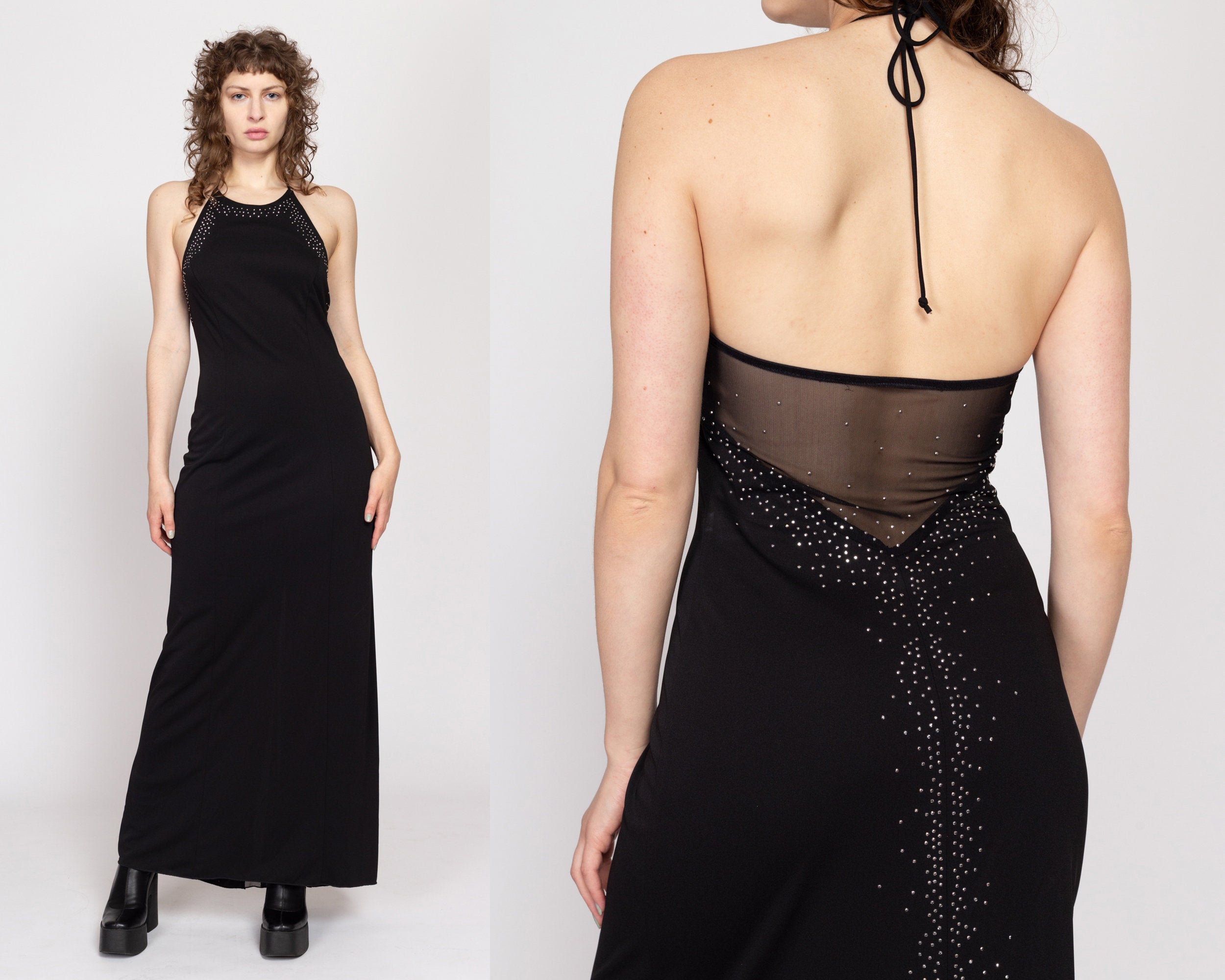 Vintage 90’s Beaded Mesh Backless Slinky selling Prom Dress