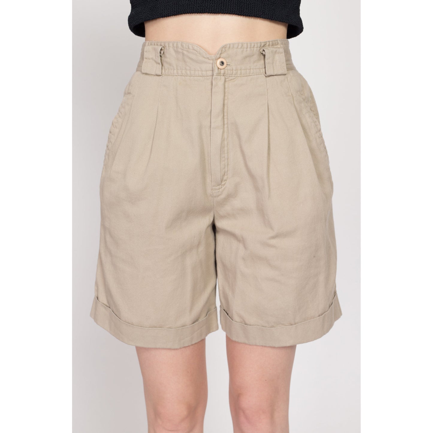 XS-Sm 80s Khaki High Waisted Pleated Shorts 24"-27" | Vintage Cotton Casual Mom Shorts