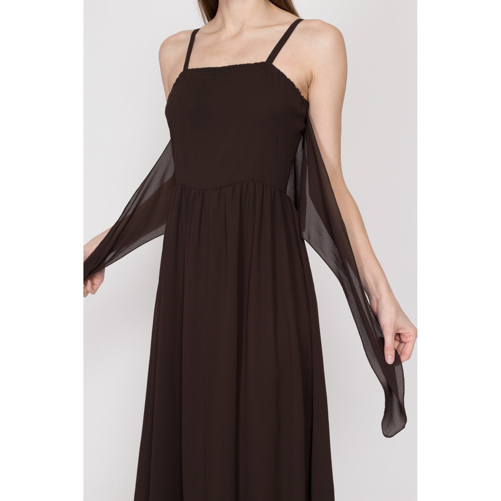 XS 70s Chocolate Brown Chiffon Tie Front Gown – Flying Apple Vintage