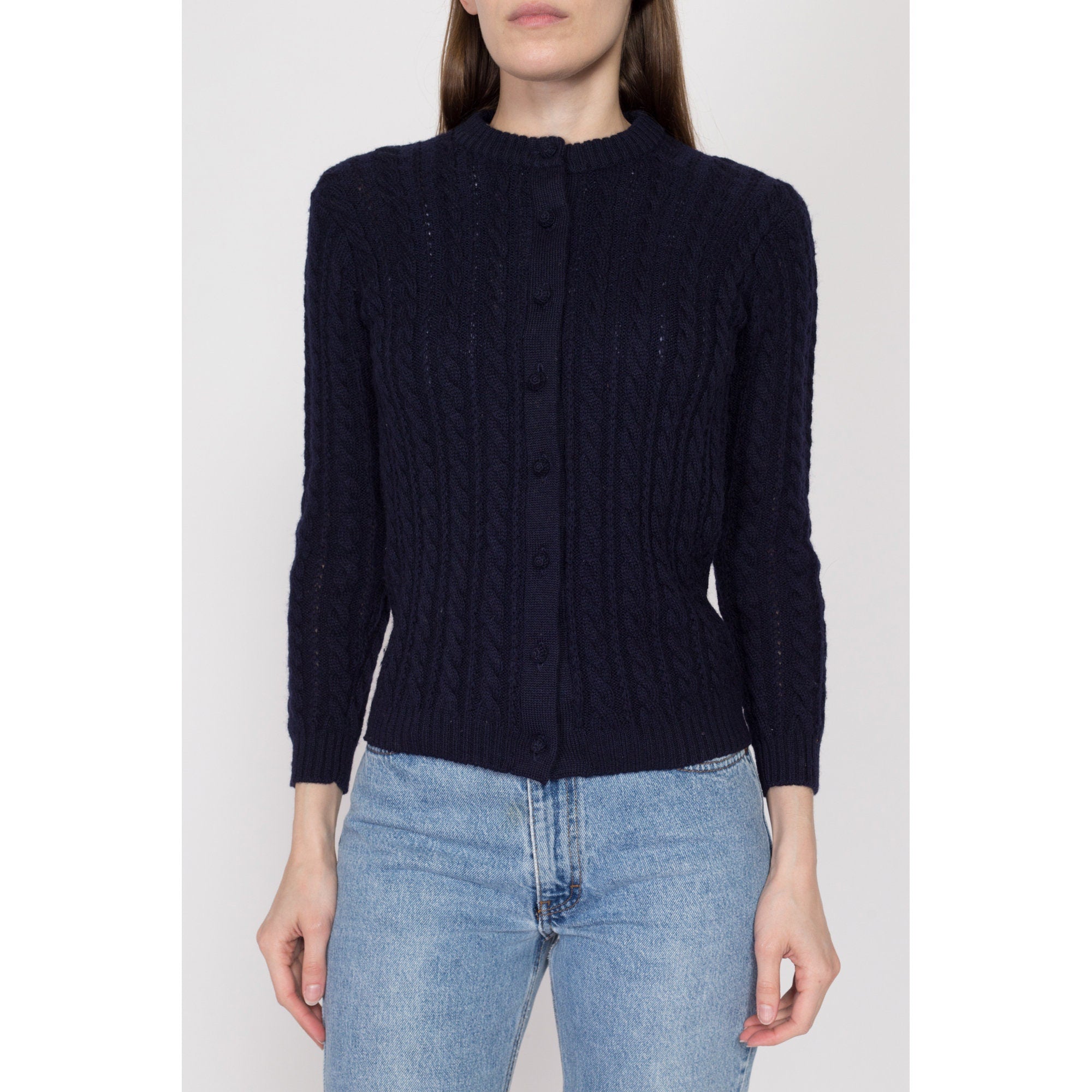 Ronny Kobo Collection Phyllis sale cable knit cardigan navy blue gem buttons size L