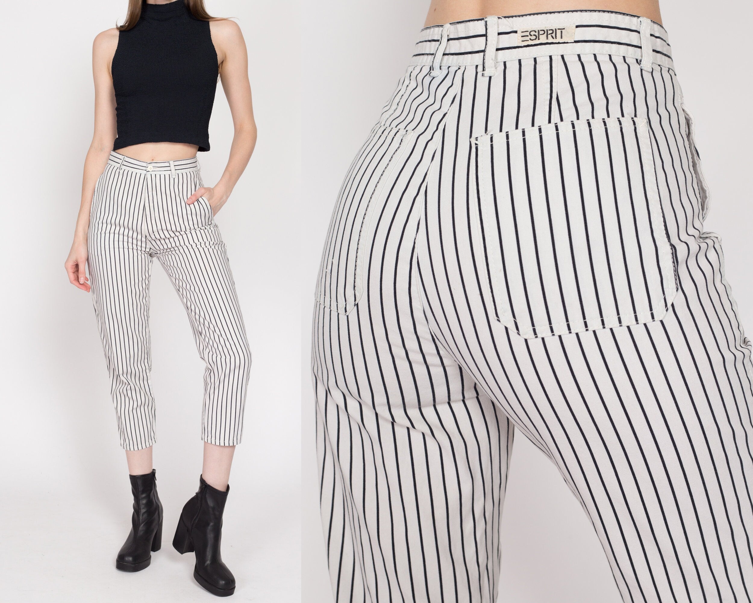 XS 80s Esprit Sport Black White Striped Ankle Pants 25 Flying Apple Vintage