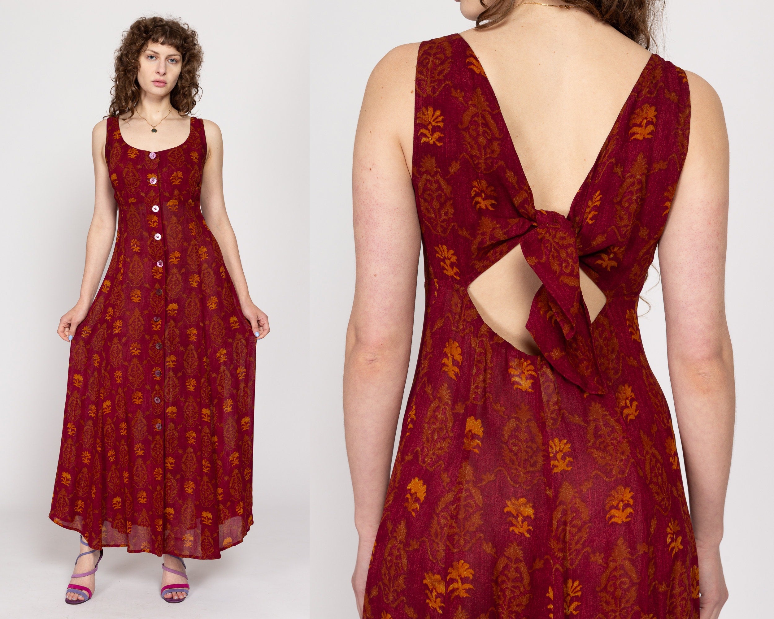 Medium 90s Max Mara Wine Red Floral Keyhole Back Maxi Dress