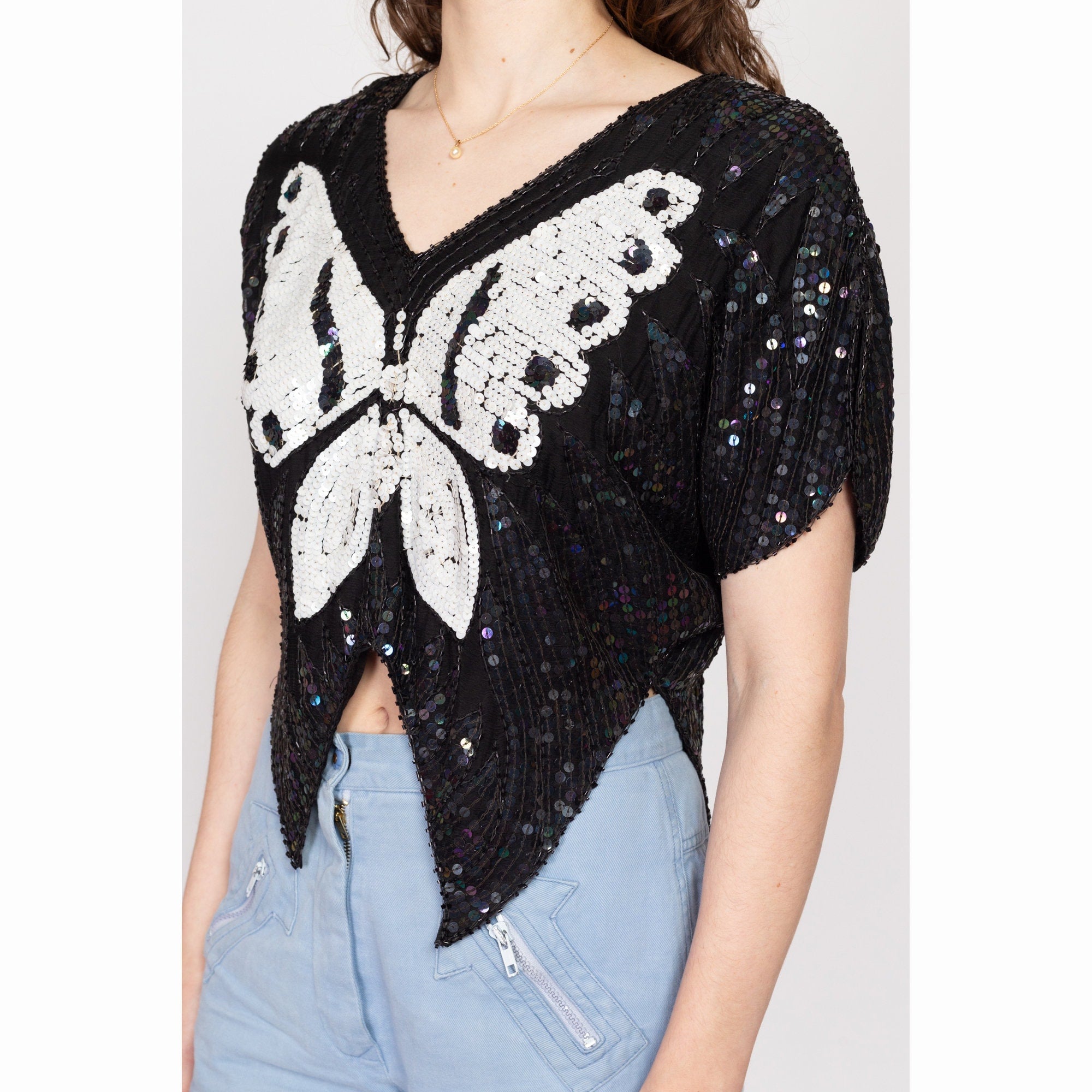 VINTAGE 80's Showmax Butterfly Sequin sale Silk Top